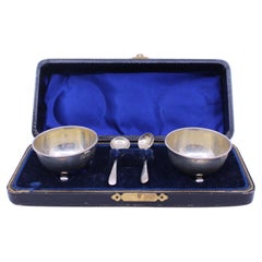 Antique Early 20th C. Cased Solid Silver Salt Pots & Spoons