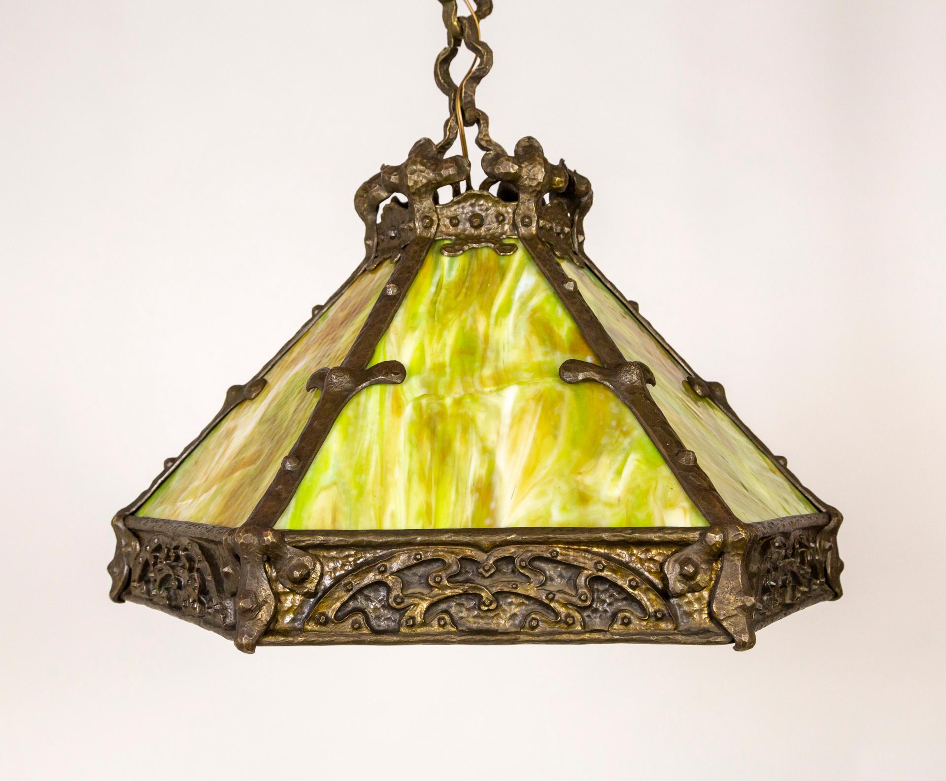 Early 20th Century Early 20th C. Cast Bronze & Green Amber Slag Glass Hex Paneled Pendant Light For Sale