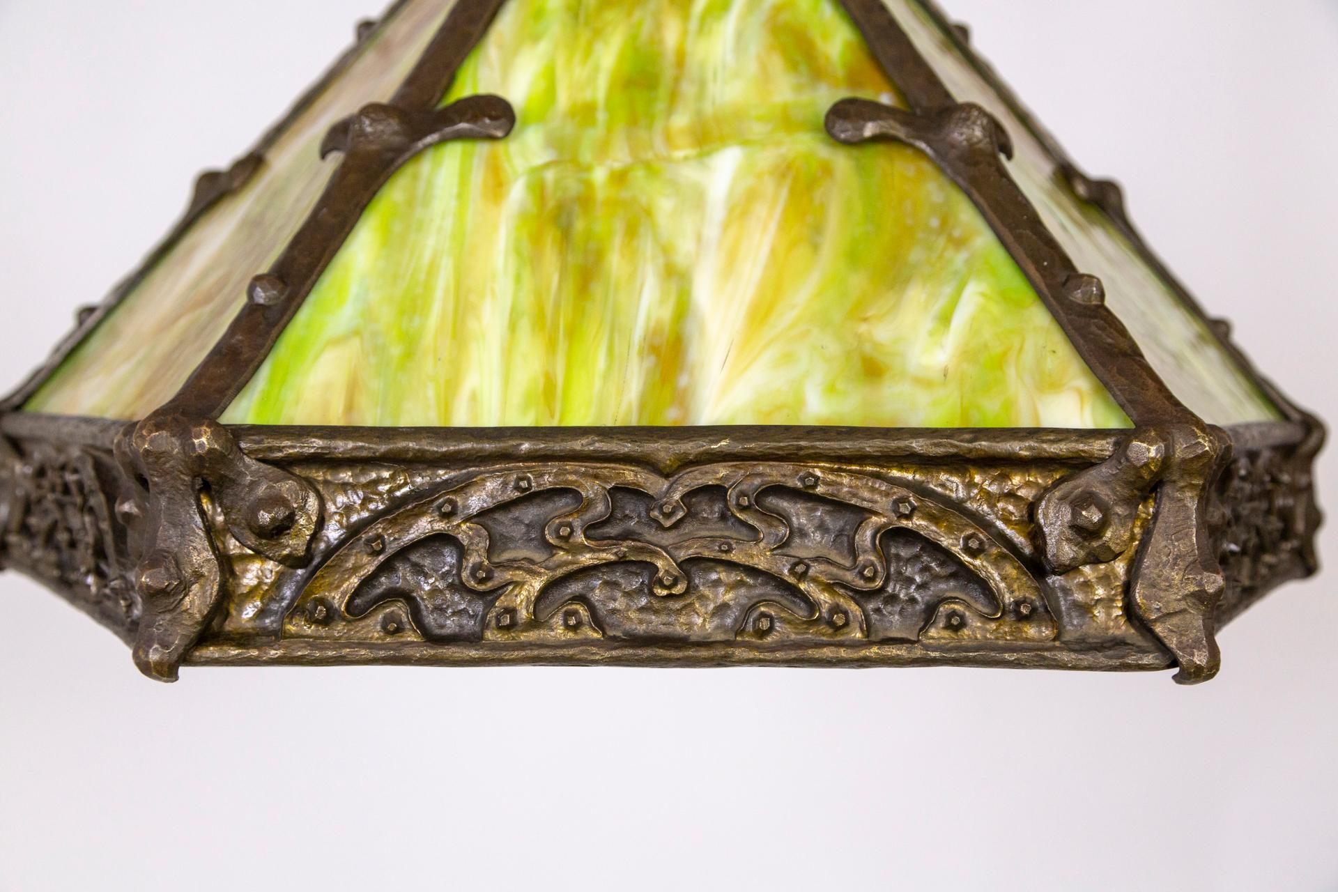 Early 20th C. Cast Bronze & Green Amber Slag Glass Hex Paneled Pendant Light For Sale 1