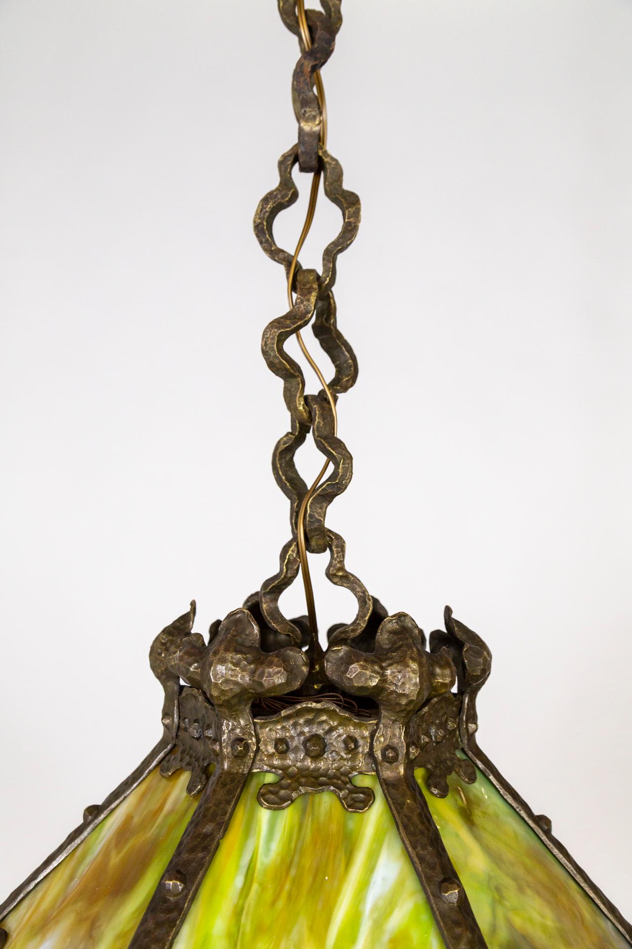 Early 20th C. Cast Bronze & Green Amber Slag Glass Hex Paneled Pendant Light For Sale 2