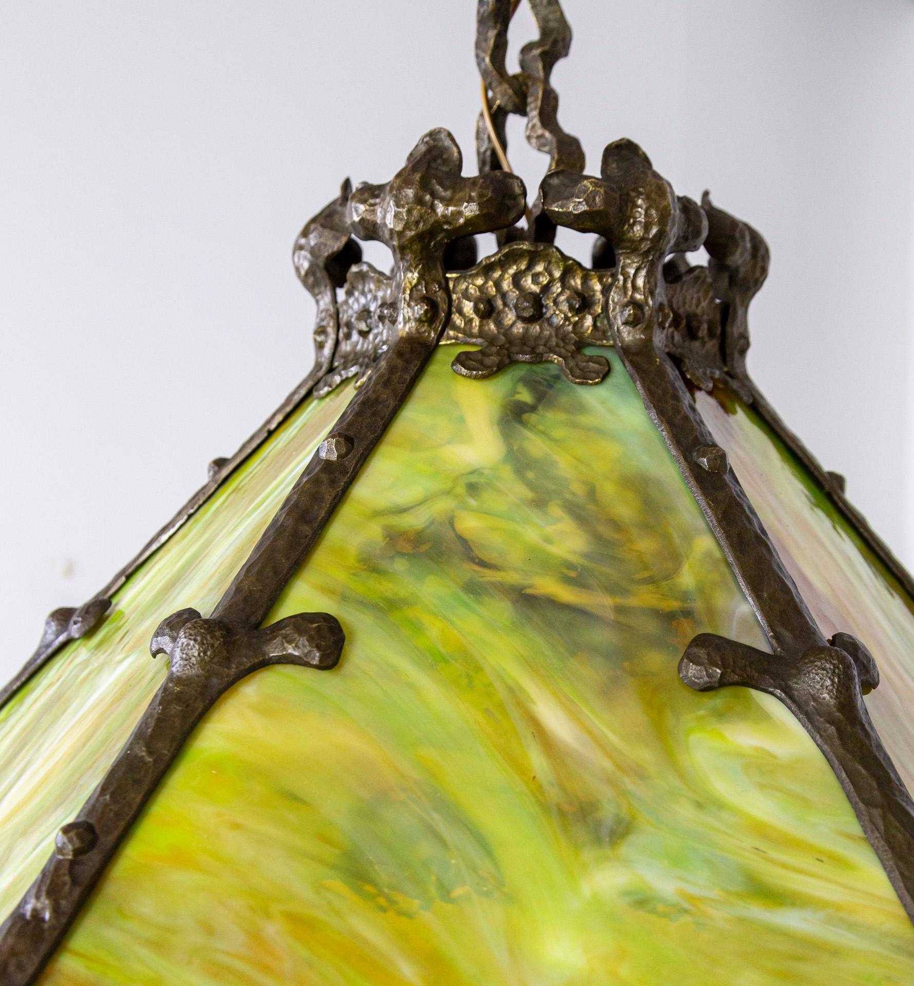 Early 20th C. Cast Bronze & Green Amber Slag Glass Hex Paneled Pendant Light For Sale 3