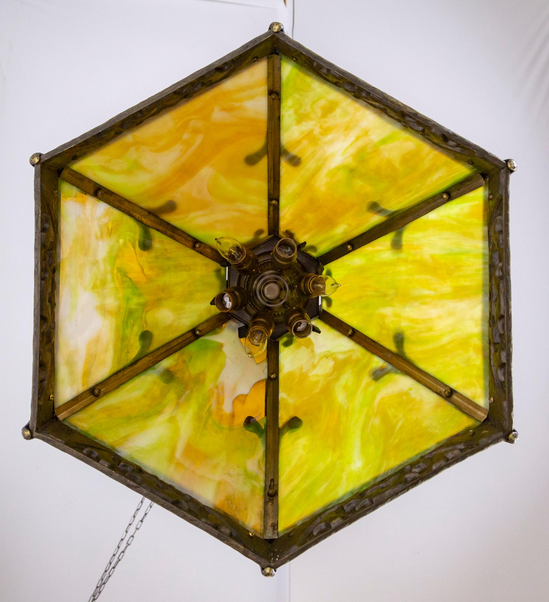 Early 20th C. Cast Bronze & Green Amber Slag Glass Hex Paneled Pendant Light For Sale 4