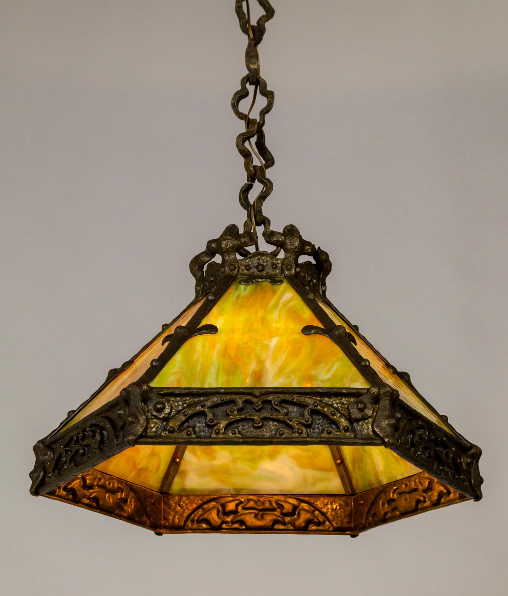 Early 20th C. Cast Bronze & Green Amber Slag Glass Hex Paneled Pendant Light For Sale 6