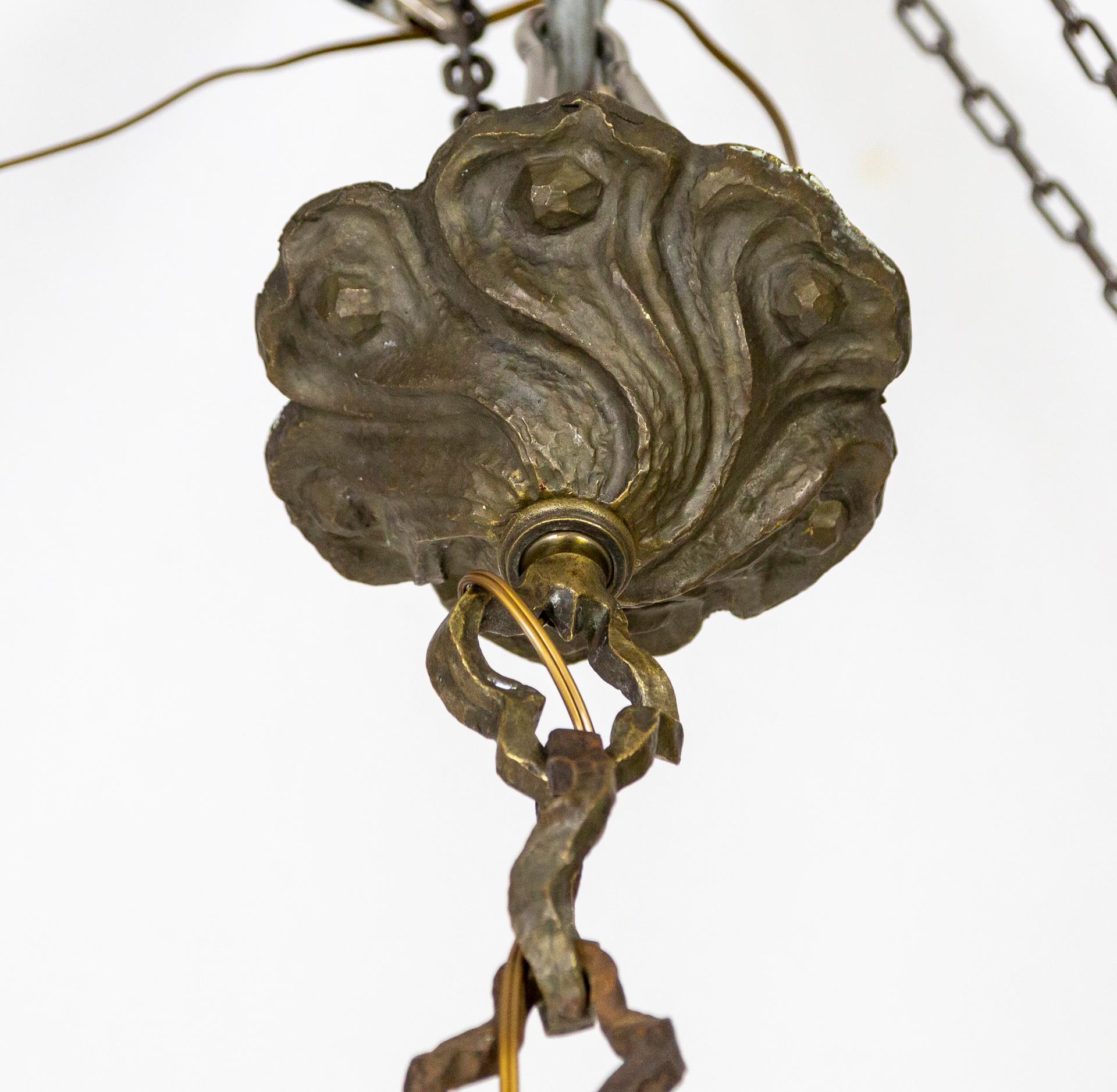 Early 20th C. Cast Bronze & Green Amber Slag Glass Hex Paneled Pendant Light For Sale 7
