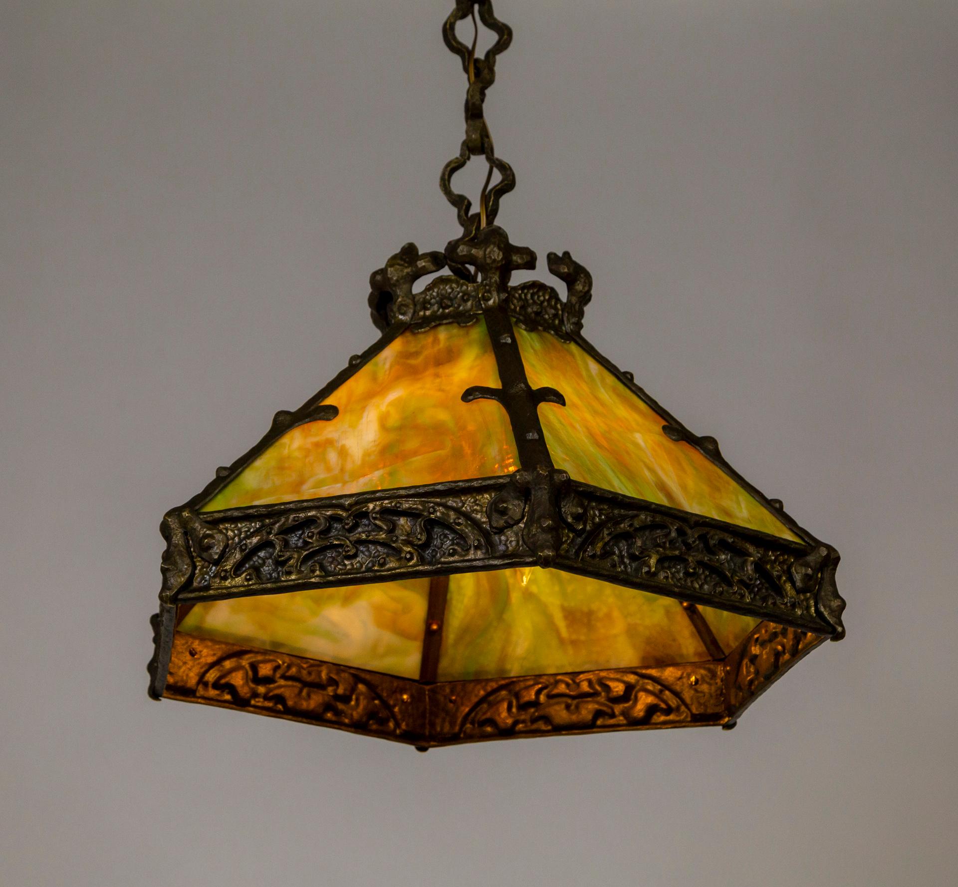 green slag glass hanging lamp