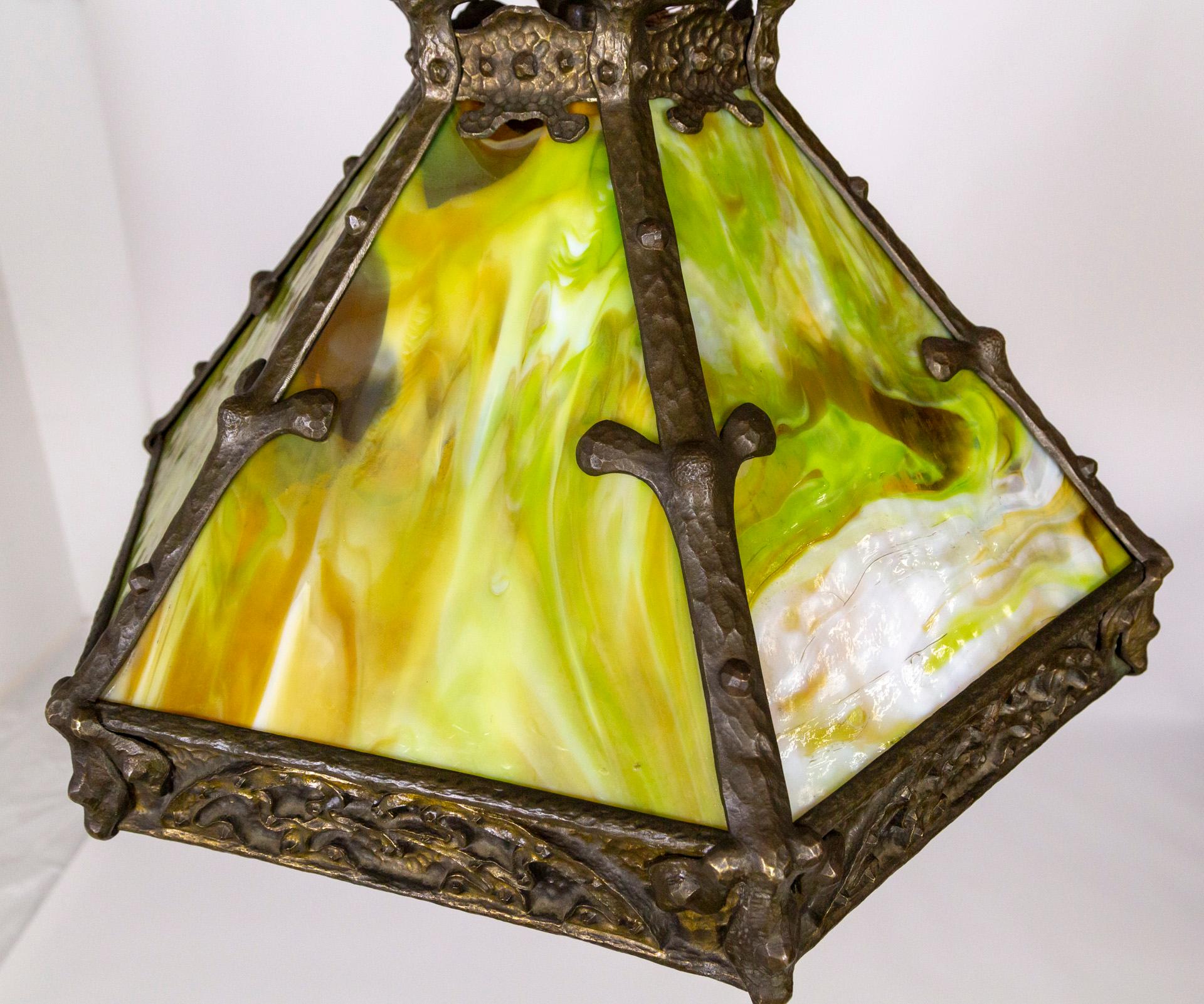 Arts and Crafts Early 20th C. Cast Bronze & Green Amber Slag Glass Hex Paneled Pendant Light For Sale