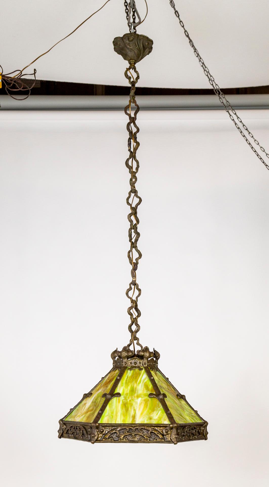 American Early 20th C. Cast Bronze & Green Amber Slag Glass Hex Paneled Pendant Light For Sale