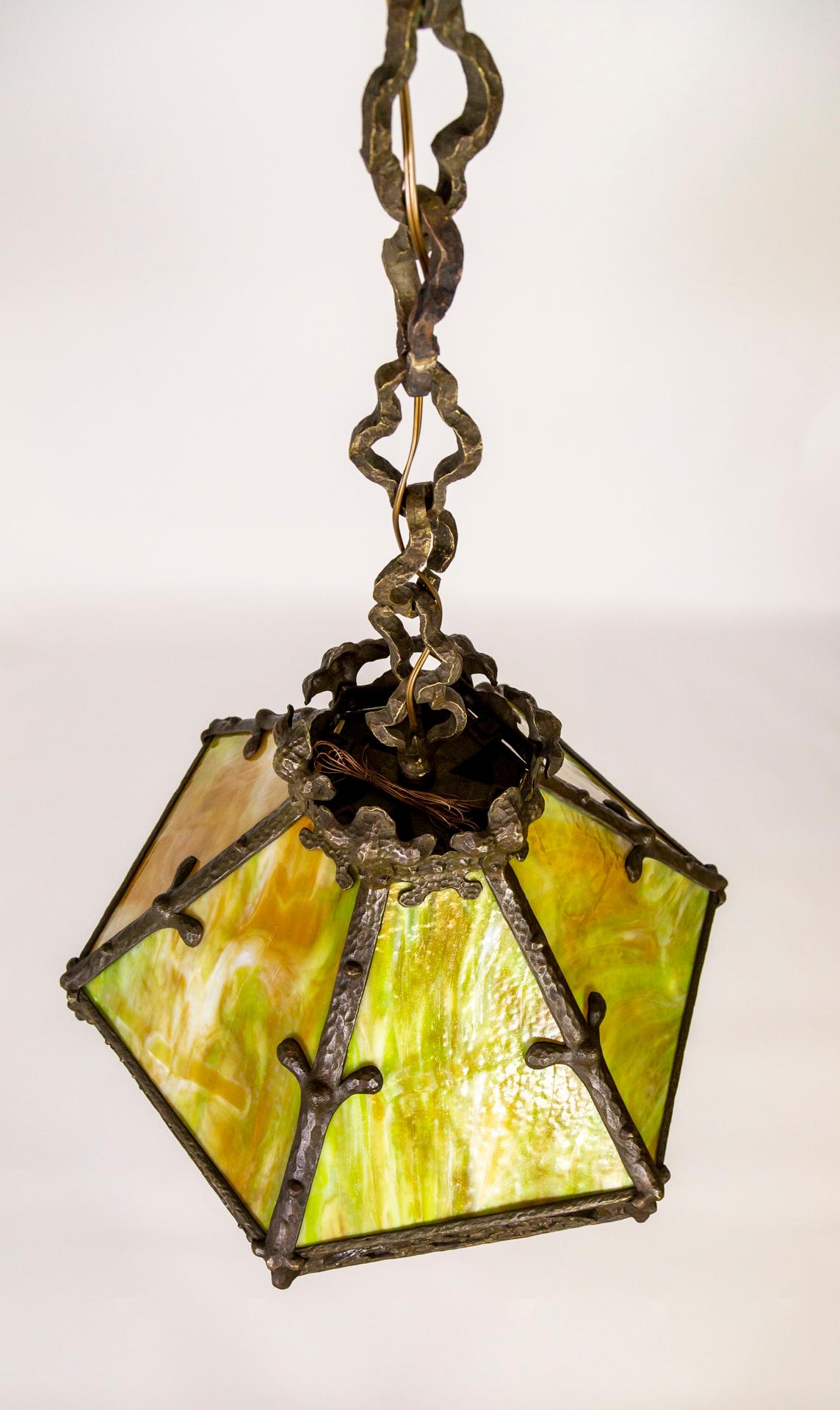 Hammered Early 20th C. Cast Bronze & Green Amber Slag Glass Hex Paneled Pendant Light For Sale