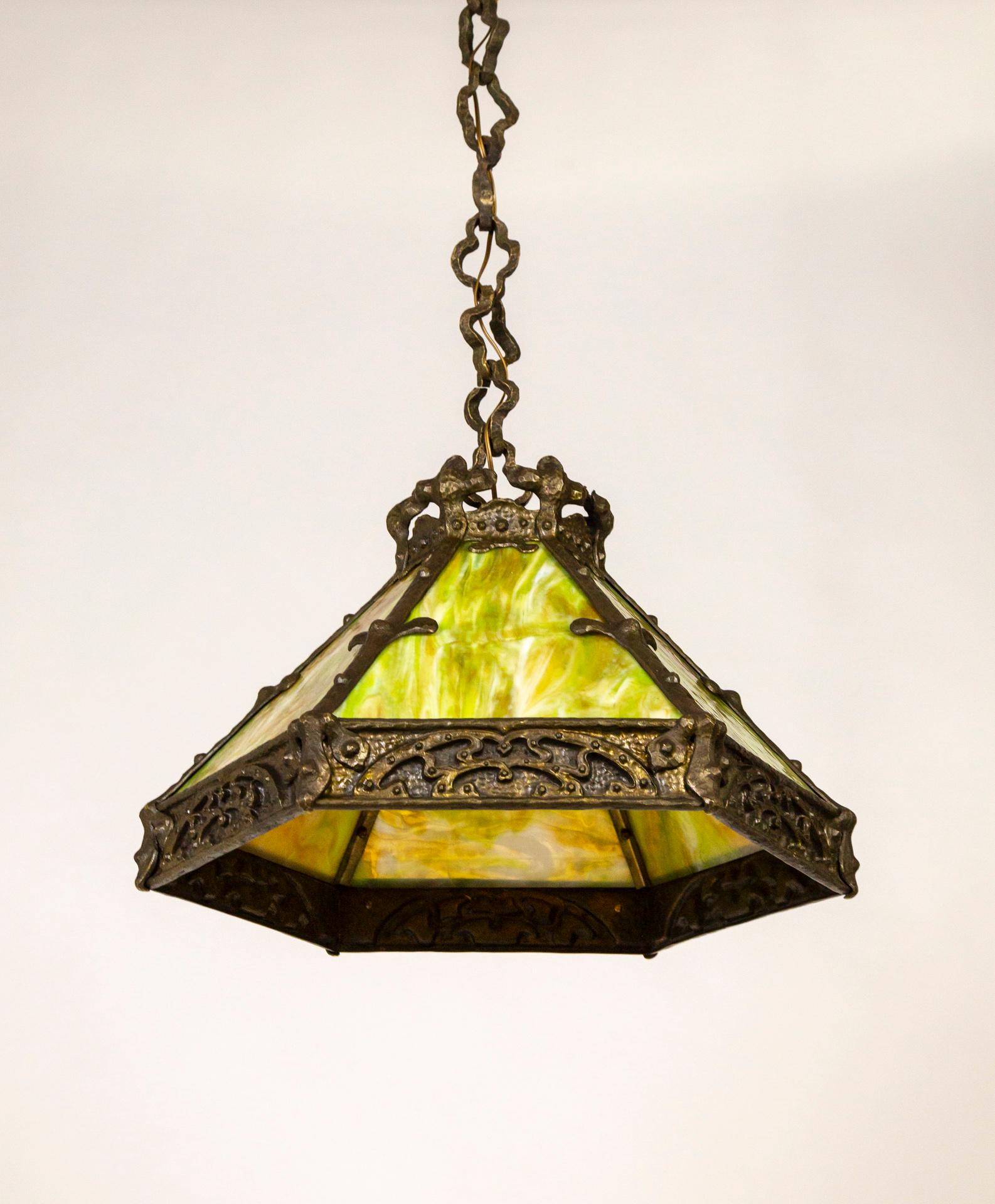 Early 20th C. Cast Bronze & Green Amber Slag Glass Hex Paneled Pendant Light In Good Condition For Sale In San Francisco, CA