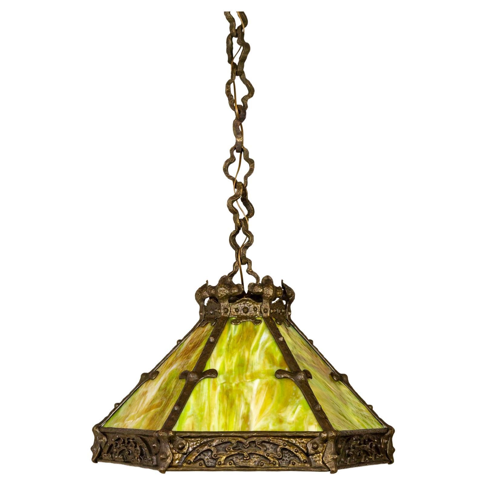 Early 20th C. Cast Bronze & Green Amber Slag Glass Hex Paneled Pendant Light For Sale