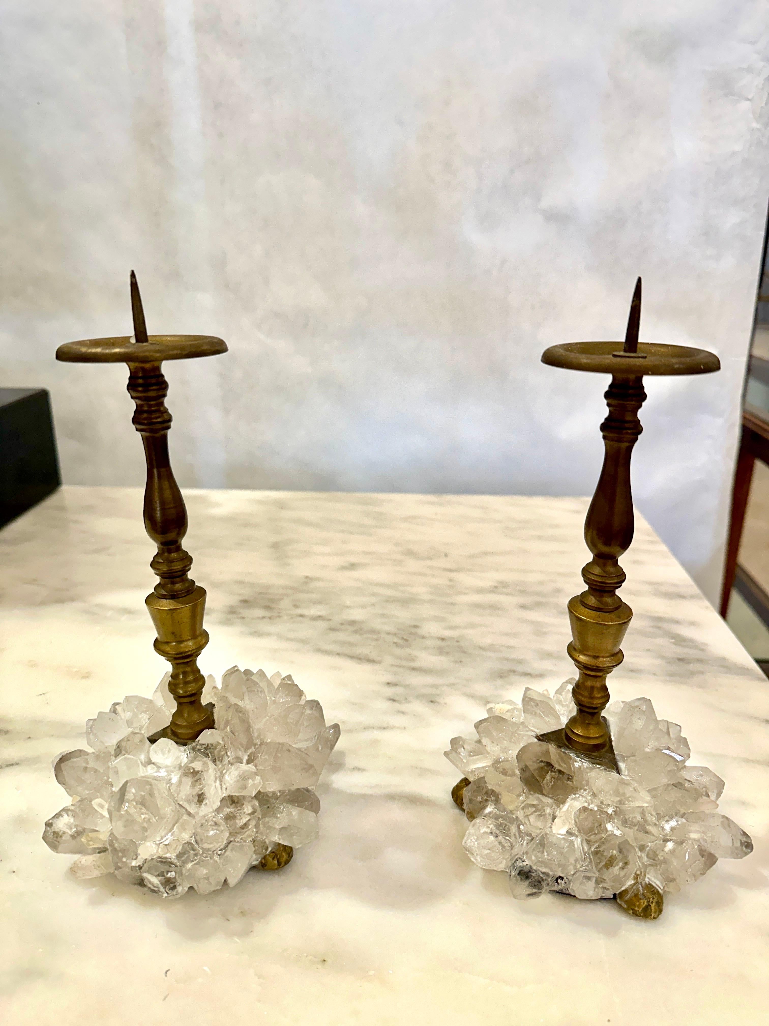 Early 20th C. Charming Pair of Bronze Candleholders w/ Rock Crystals For Sale 6