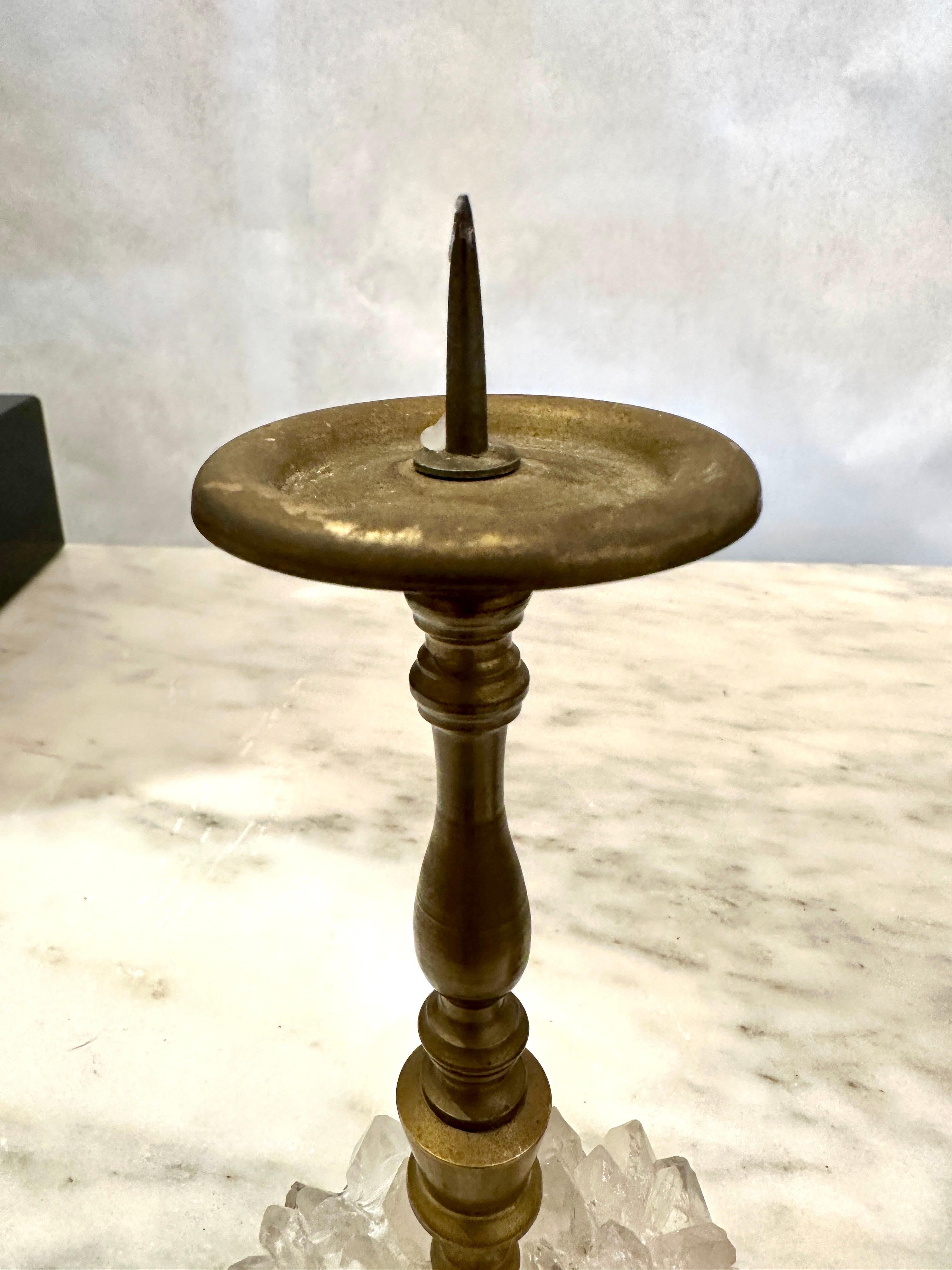 Beautiful dark patina and signs of age and use for these beautiful and uniquely adorned bronze candleholders with rock crystal embellishments to the bases.  Great craftsmanship and highly decorative.
