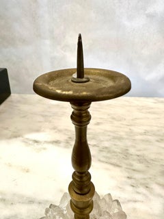 Early 20th C. Charming Pair of Bronze Candleholders w/ Rock Crystals
