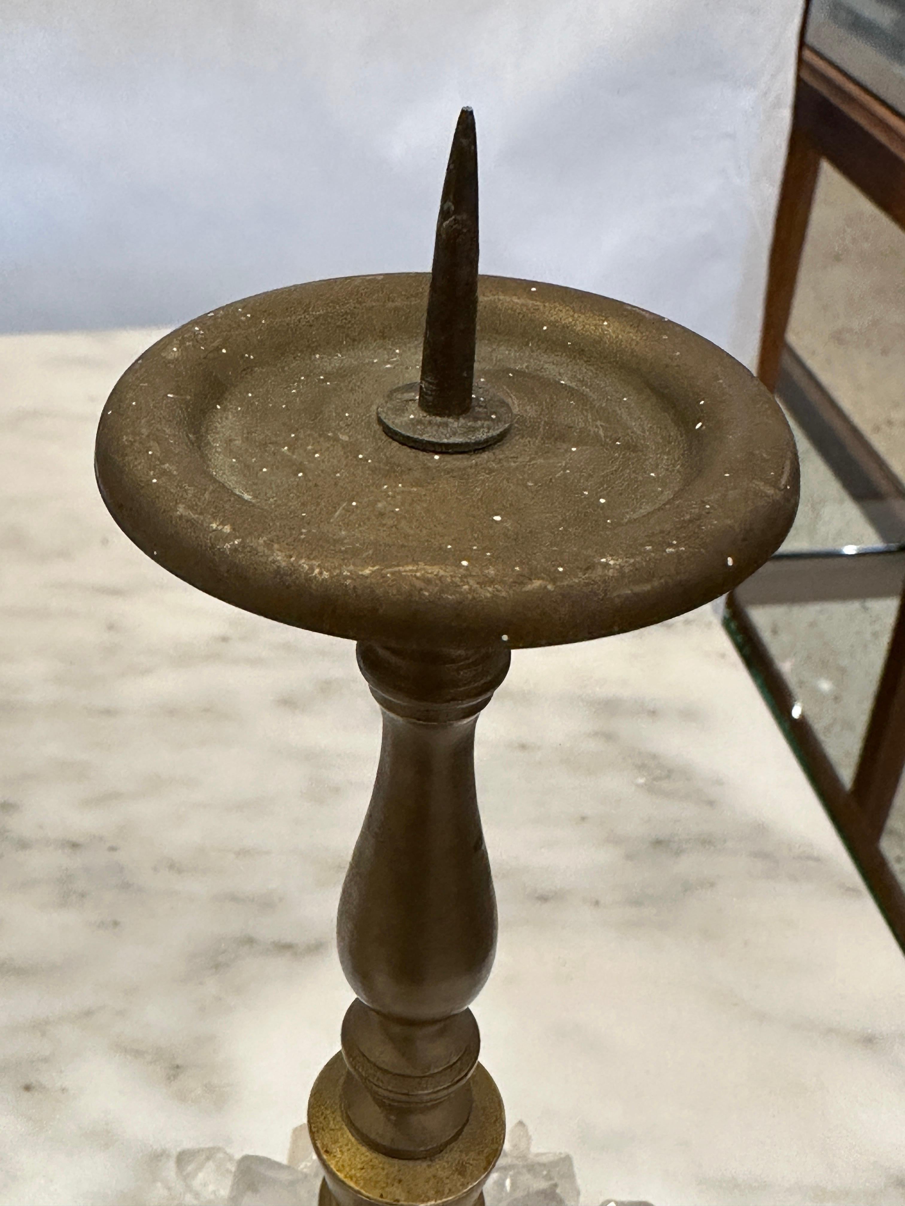 Early 20th C. Charming Pair of Bronze Candleholders w/ Rock Crystals In Good Condition For Sale In East Hampton, NY