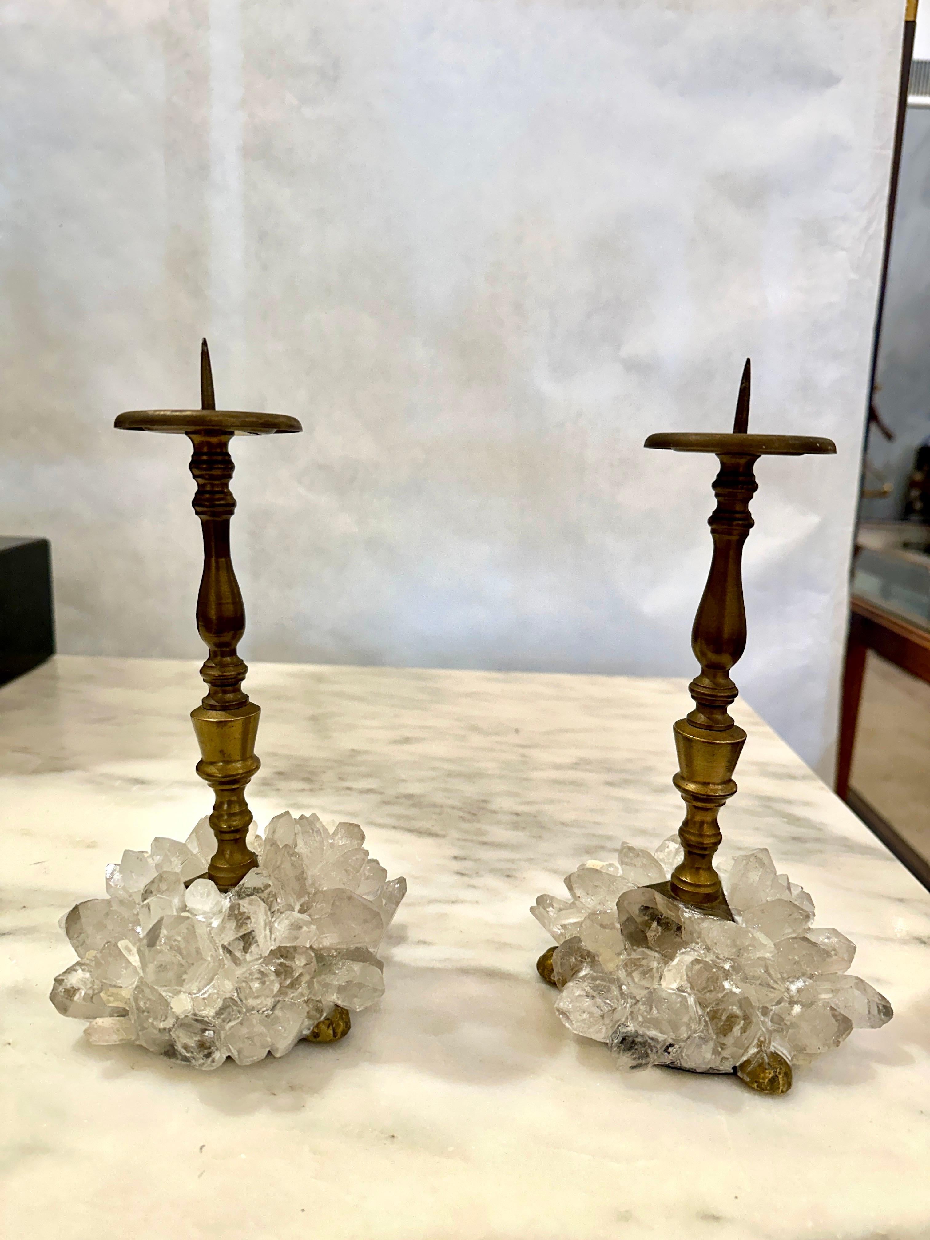 Mid-20th Century Early 20th C. Charming Pair of Bronze Candleholders w/ Rock Crystals For Sale