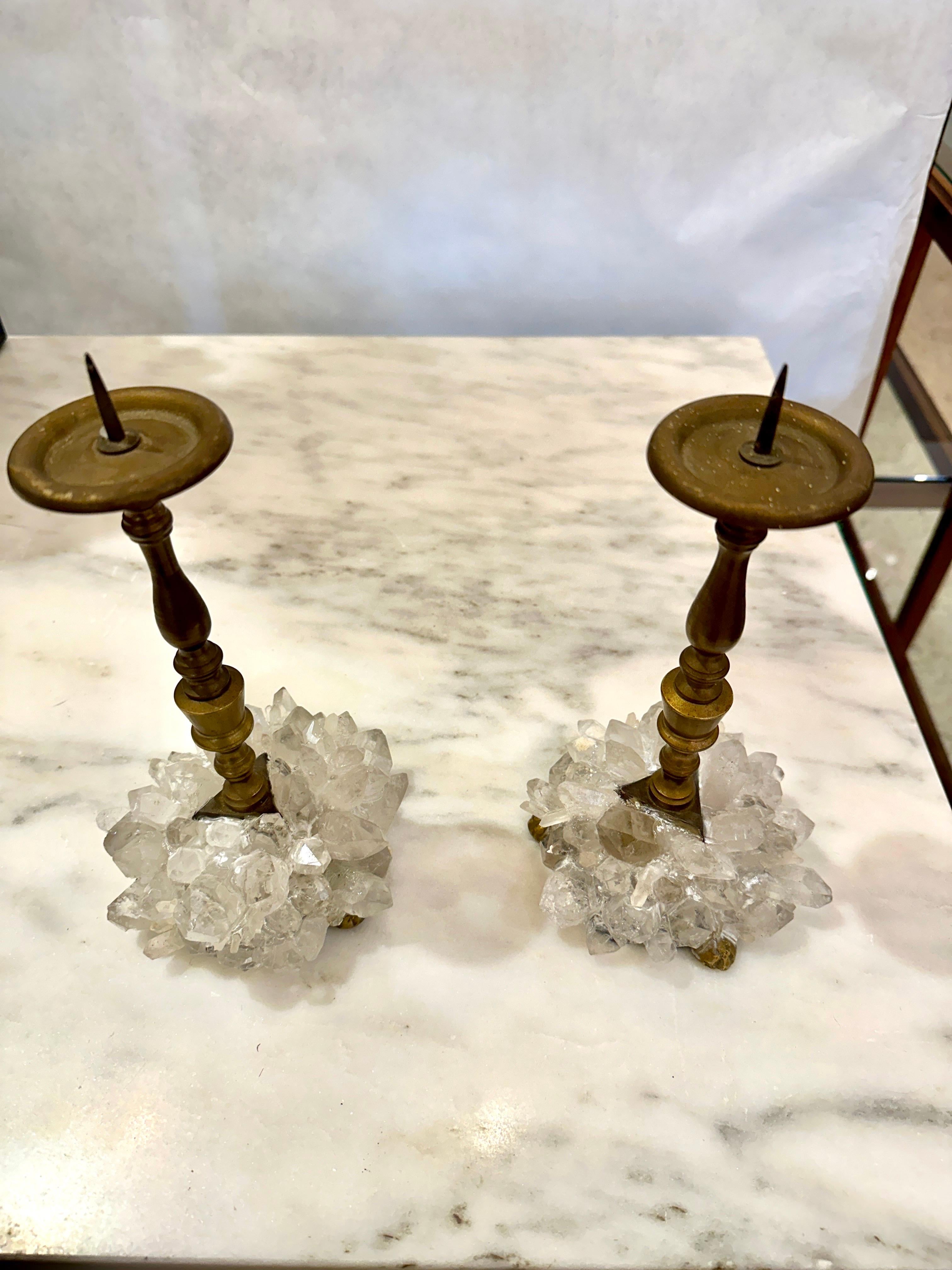 Early 20th C. Charming Pair of Bronze Candleholders w/ Rock Crystals For Sale 3