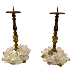 Encantadora pareja de candelabros de bronce con cristales de roca de principios del siglo XX