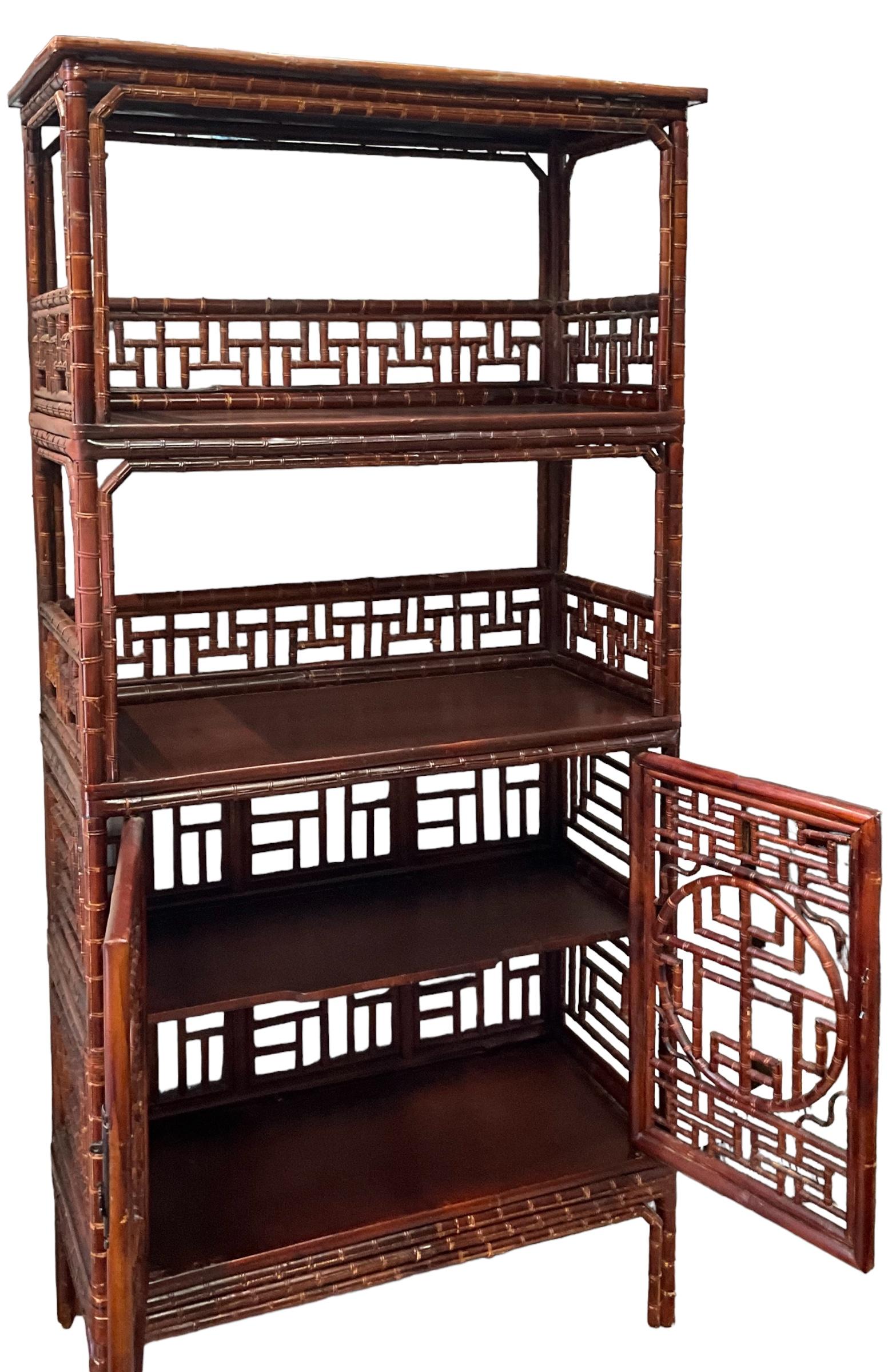 Aesthetic Movement Early 20th-C. Chinese Bamboo Cabinet / Etagere / Bookcase With Ornate Fretwork  For Sale