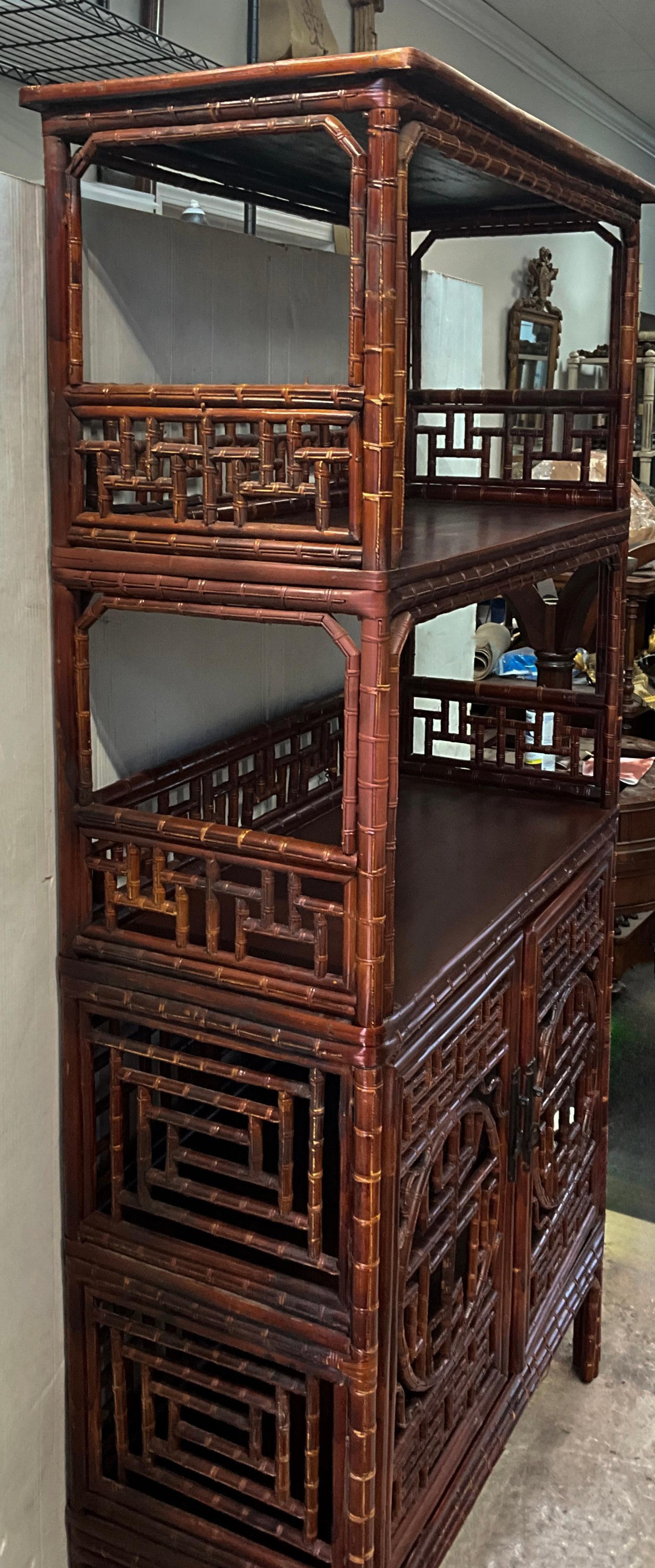 Early 20th-C. Chinese Bamboo Cabinet / Etagere / Bookcase With Ornate Fretwork  In Good Condition In Kennesaw, GA