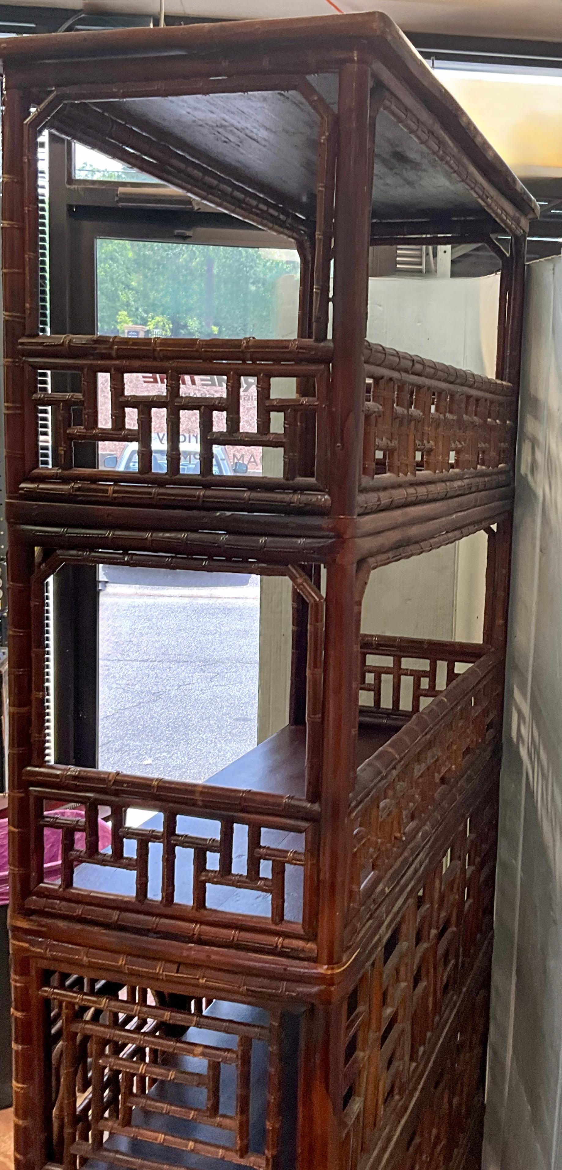 20th Century Early 20th-C. Chinese Bamboo Cabinet / Etagere / Bookcase With Ornate Fretwork  For Sale