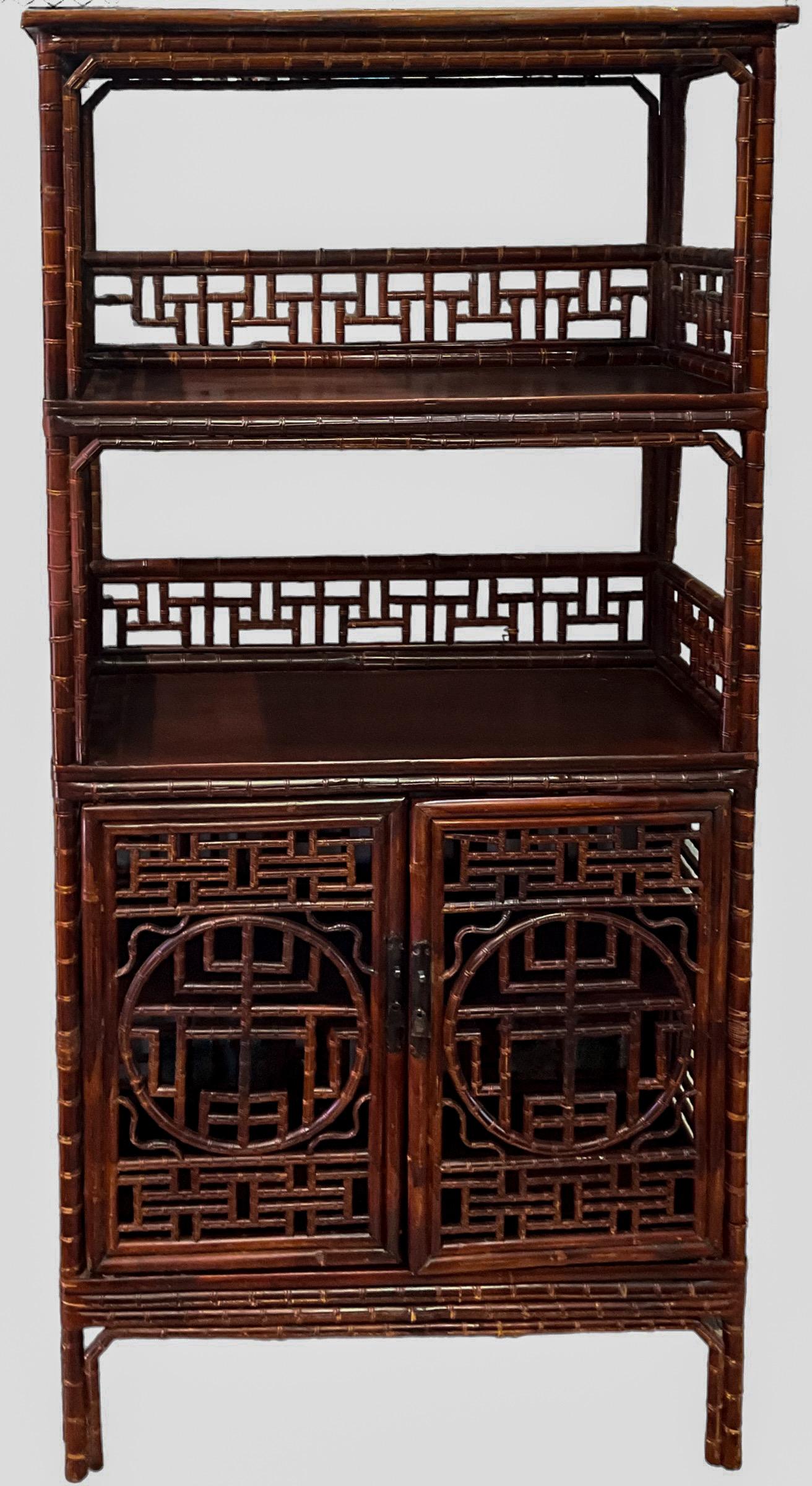 Early 20th-C. Chinese Bamboo Cabinet / Etagere / Bookcase With Ornate Fretwork  For Sale 2