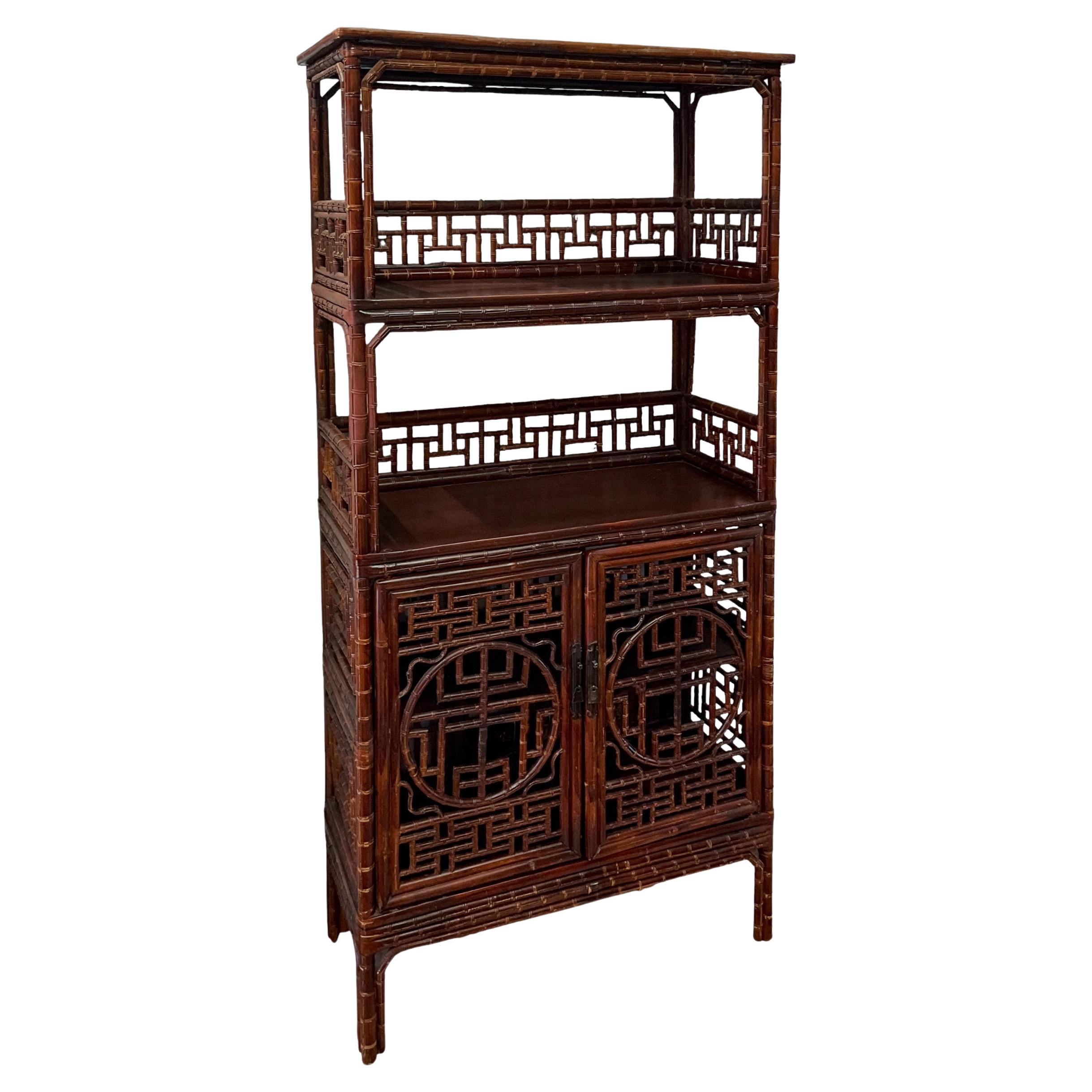 Early 20th-C. Chinese Bamboo Cabinet / Etagere / Bookcase With Ornate Fretwork  For Sale