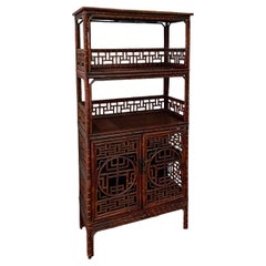 Antique Early 20th-C. Chinese Bamboo Cabinet / Etagere / Bookcase With Ornate Fretwork 