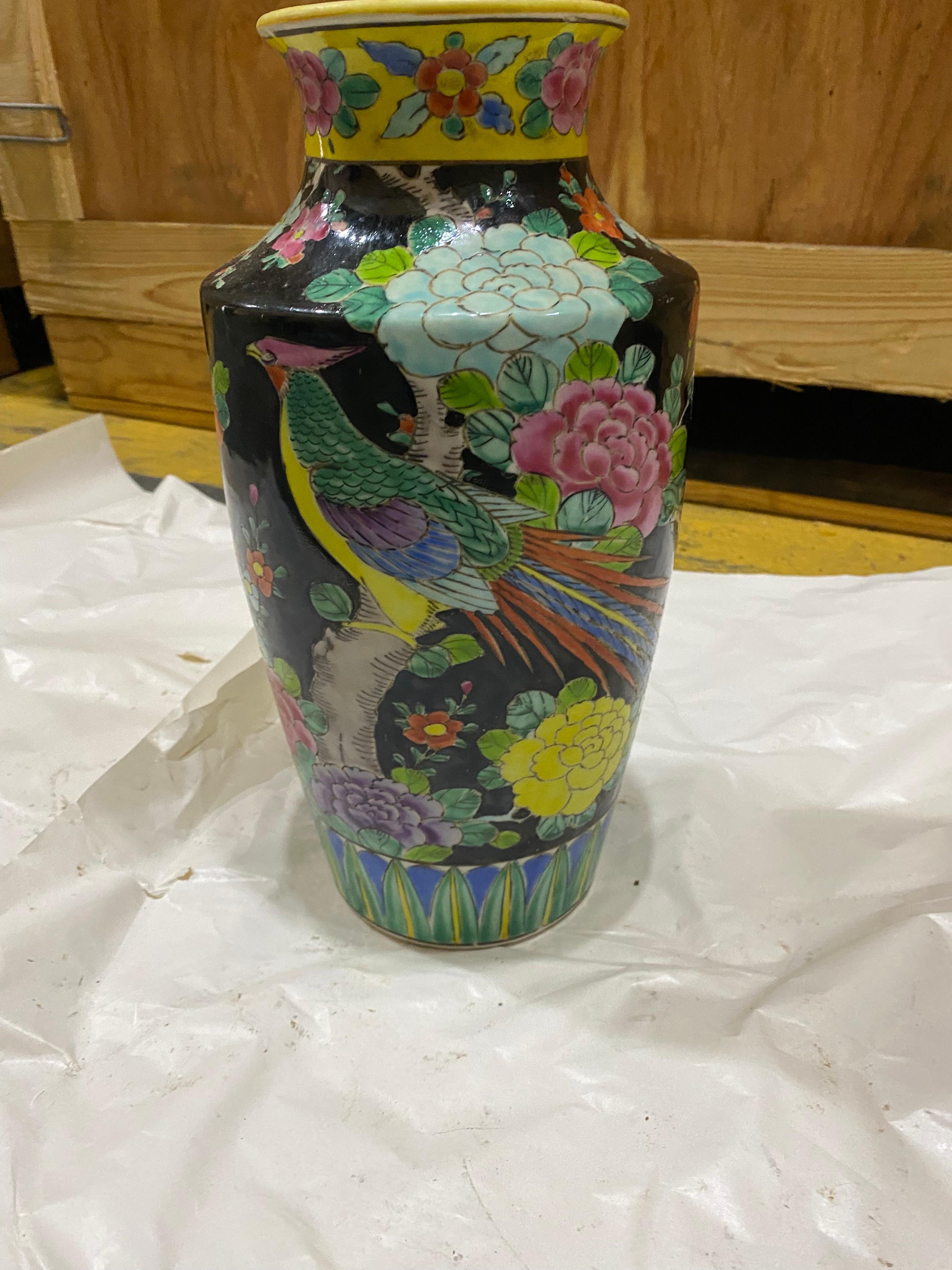 Ceramic Early 20th C. Chinese Black with Multi Color Glazed Rooster Vase For Sale