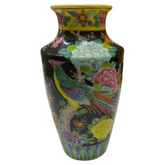 Early 20th C. Chinese Black with Multi Color Glazed Rooster Vase