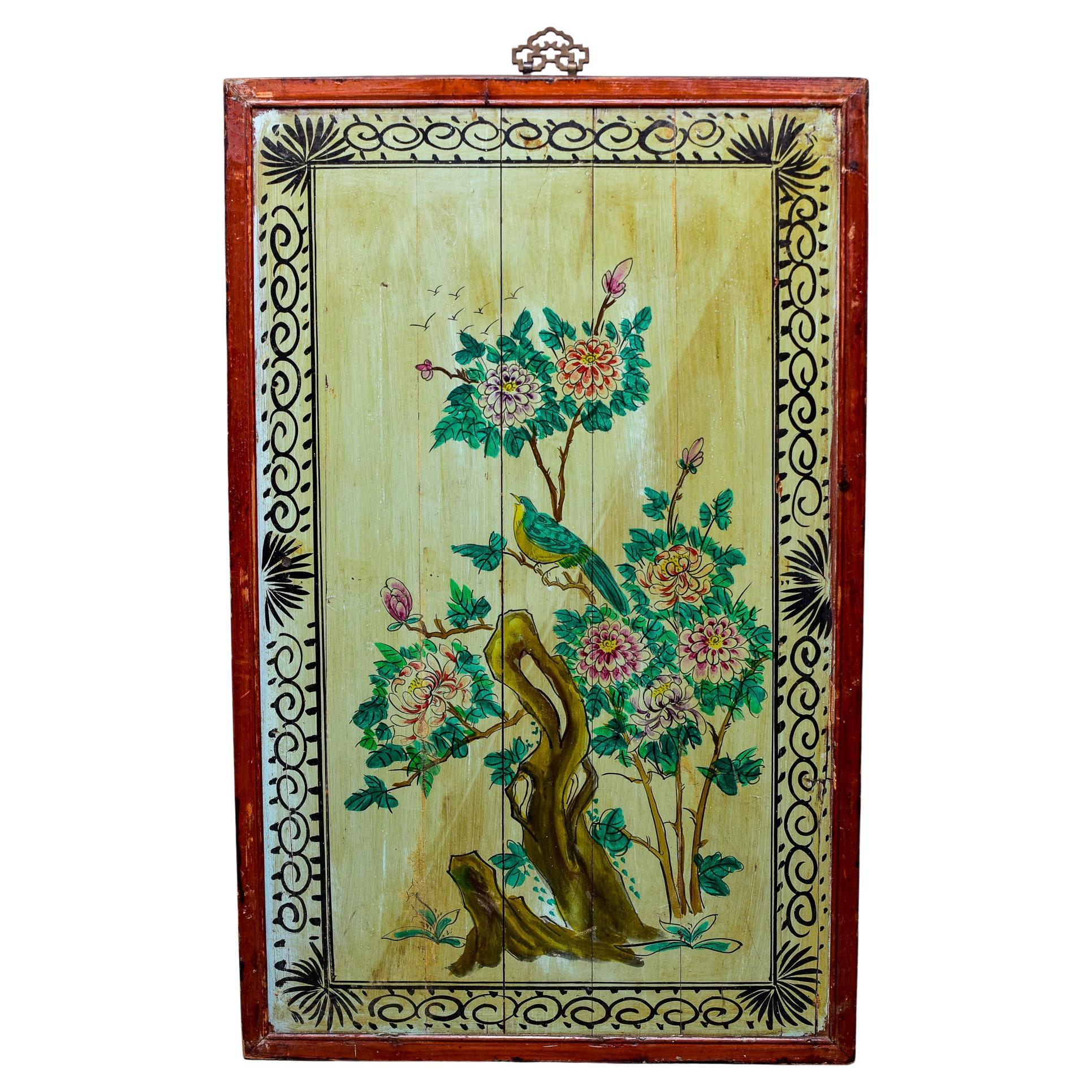 Early 20th C Chinese Linhai Painted Panel in Green Tones For Sale