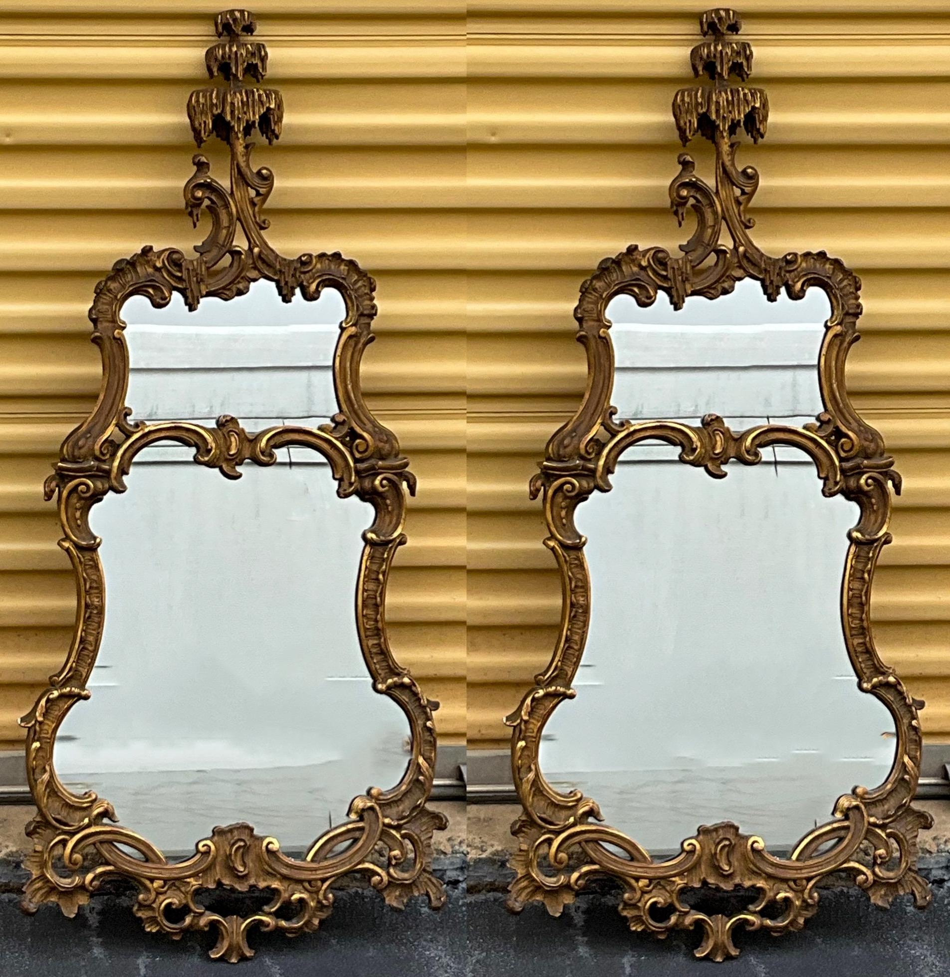 Early 20th-C. Chippendale Style Carved Giltwood Mirrors with Palms, Pair 2