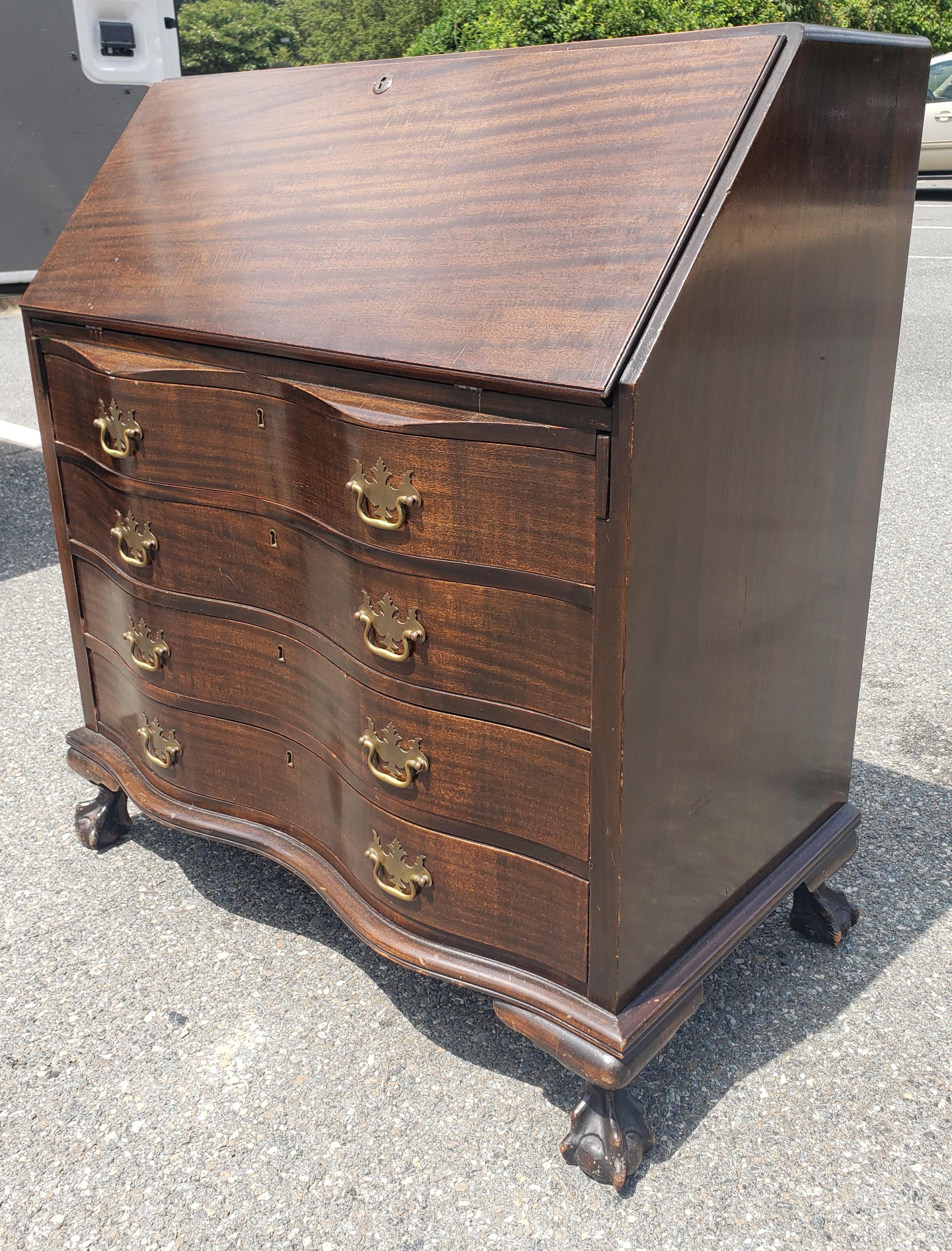 Stained Early 20th C. Chippendale Style Mahogany Oxbow Slant Front Desk For Sale