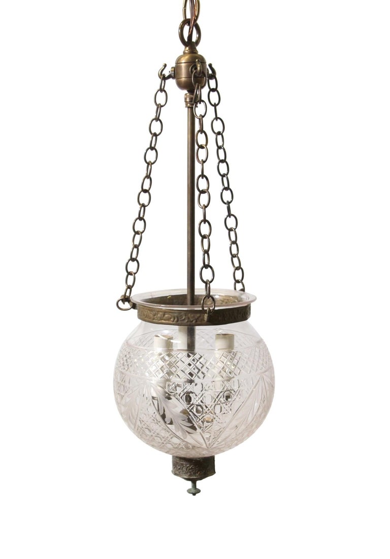 Early 20th C. Clear Bell Jar Pendant Light Etched Leaves For Sale at 1stDibs