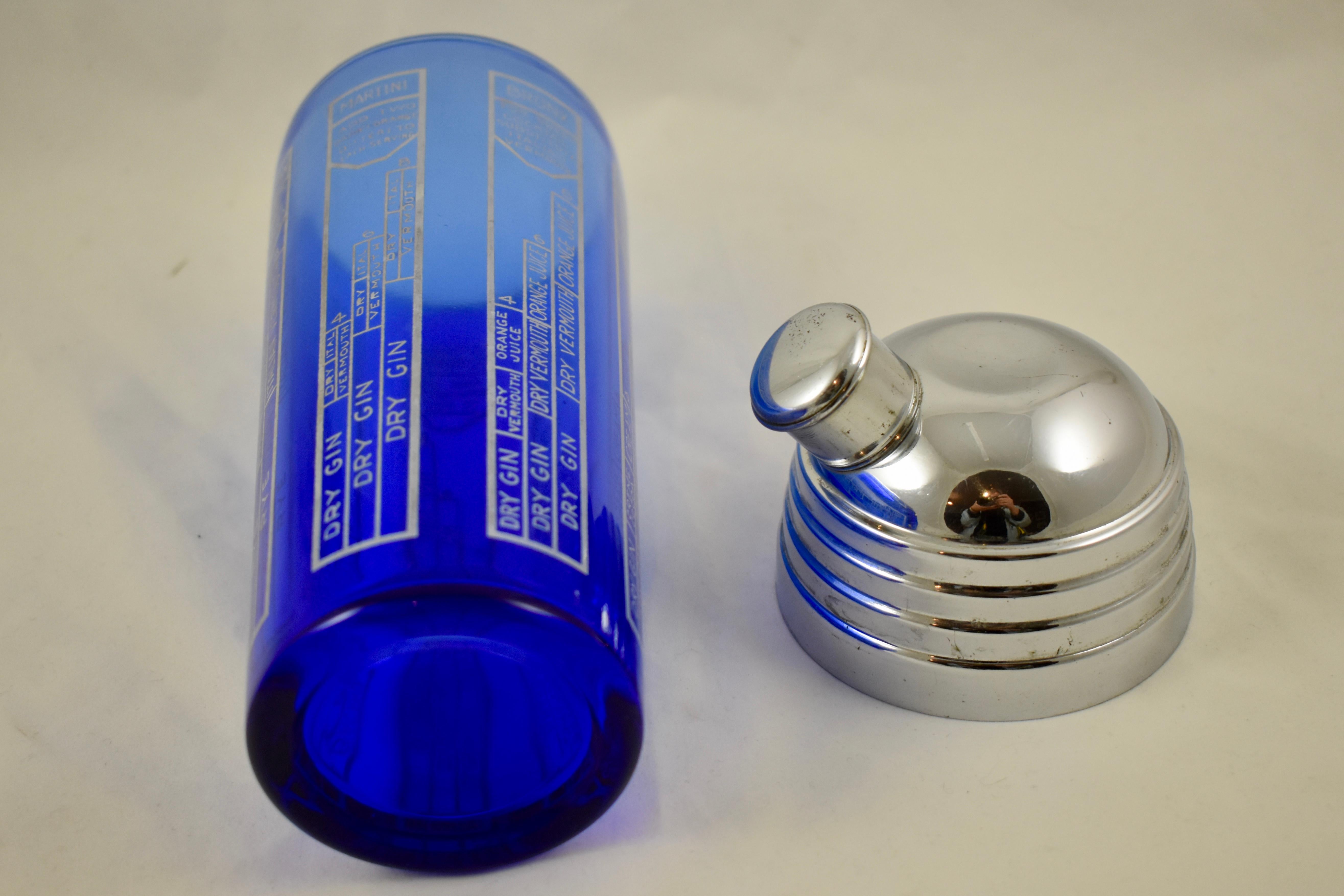 Early 20th Century Cobalt Blue Glass and Chrome Recipe Art Deco Cocktail Shaker 2