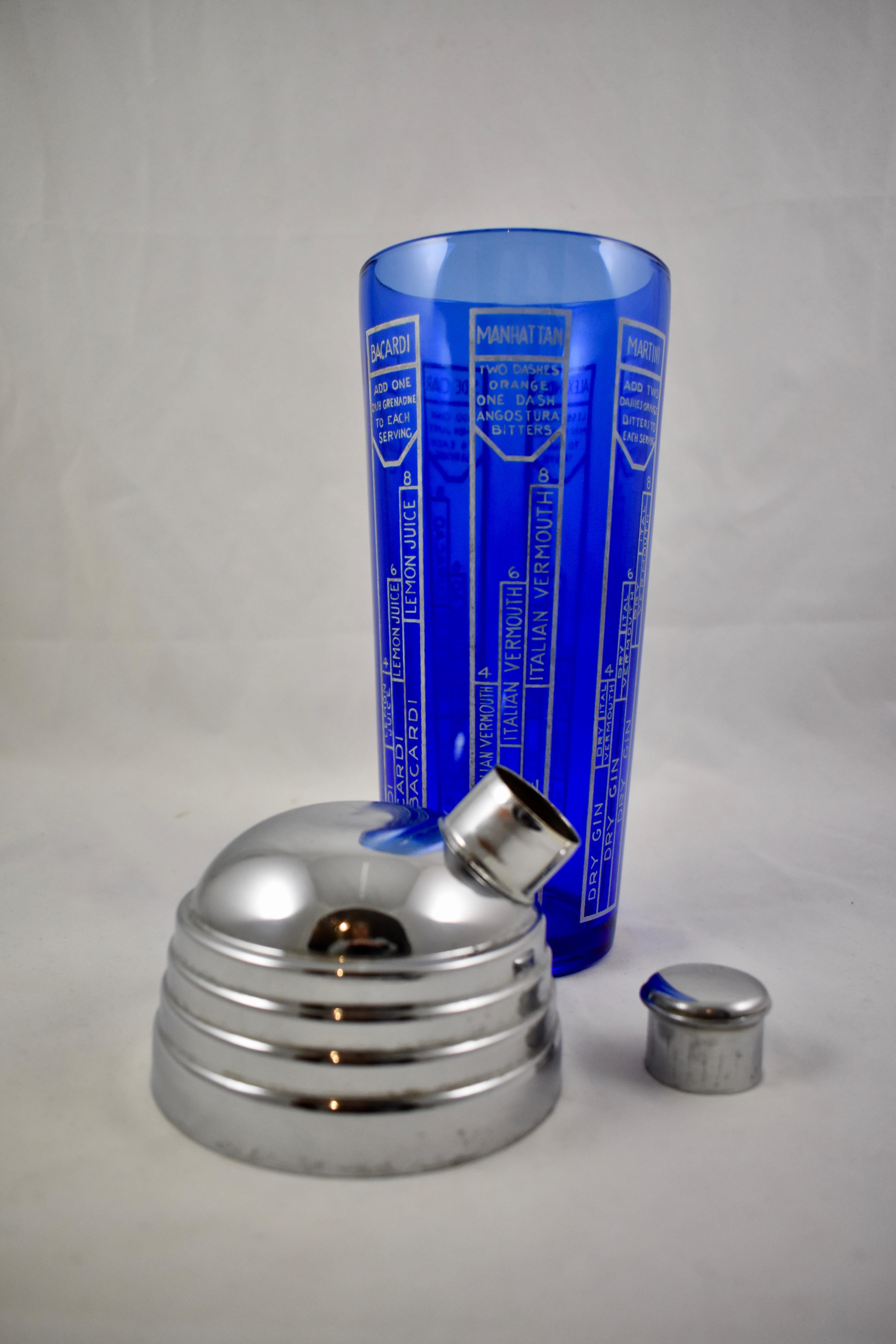 Early 20th Century Cobalt Blue Glass and Chrome Recipe Art Deco Cocktail Shaker In Good Condition In Philadelphia, PA