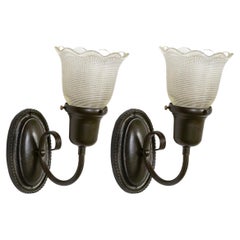 Early 20th C. Darkened Brass Uplight Sconces w/ Holophane Glass Shades 'Pair'
