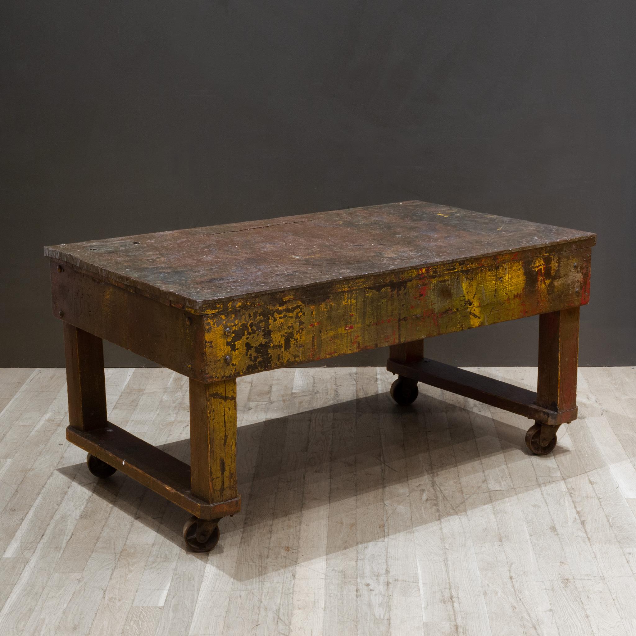 Rustic Early 20th c. Distressed Factory Rolling Worktable/Cart c.1930-1940 For Sale