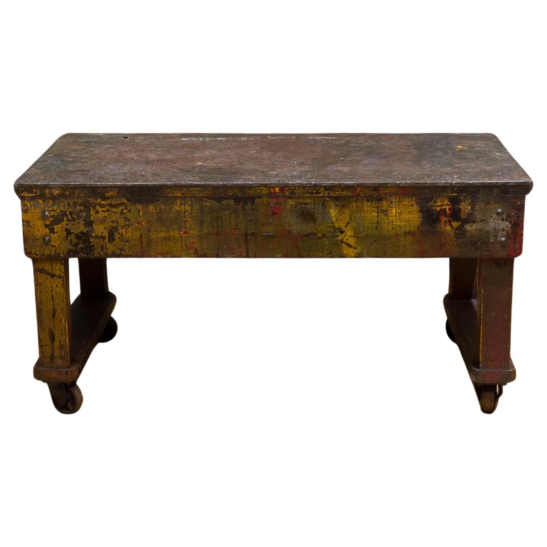 Early 20th c. Distressed Factory Rolling Worktable/Cart c.1930-1940