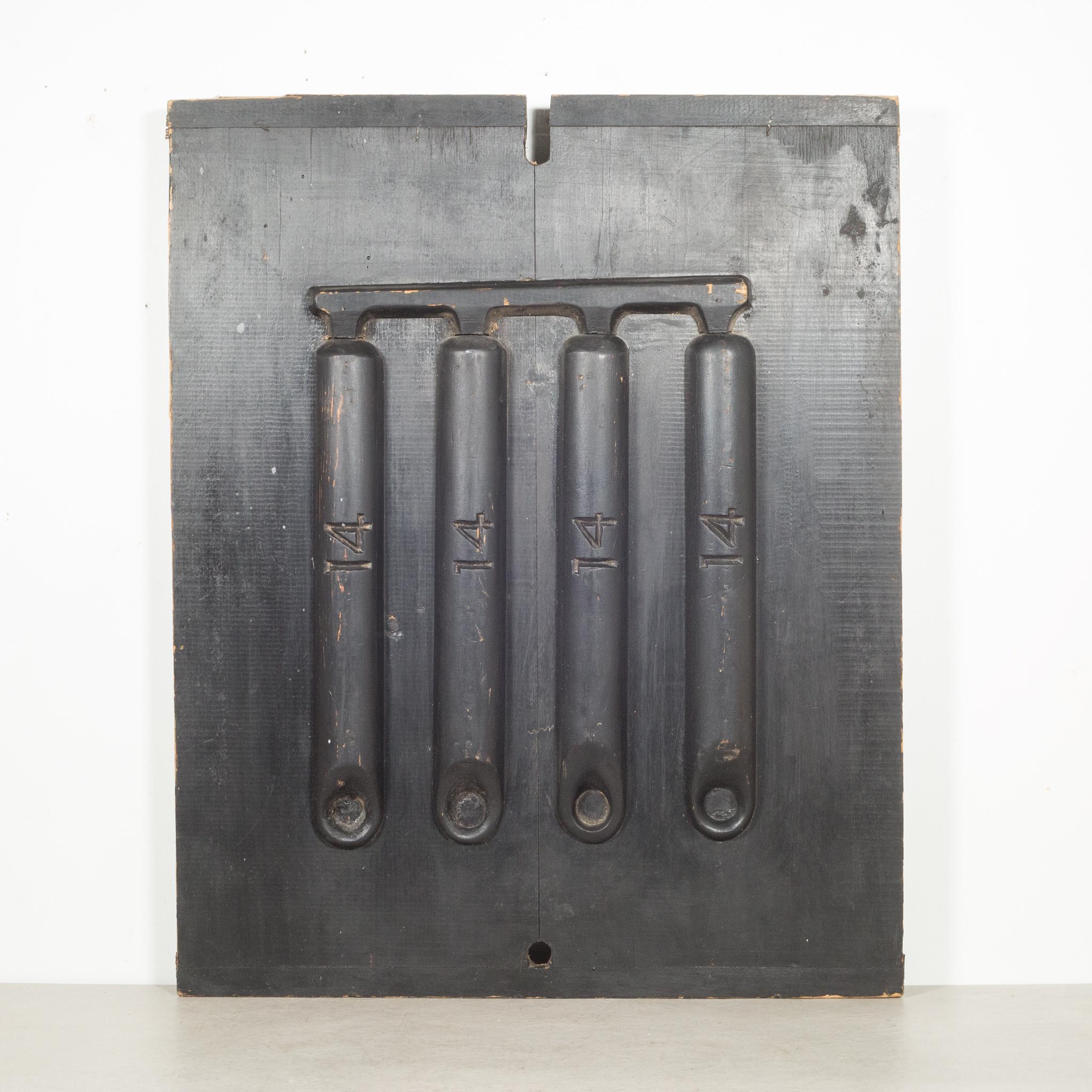 About:

Original double sided wooden foundry molds used to make numbered parts. Foundry molds are wooden tools, carved out or built up to creative negative space, which in turn is used to make the inverse form or shape to be used to be used for