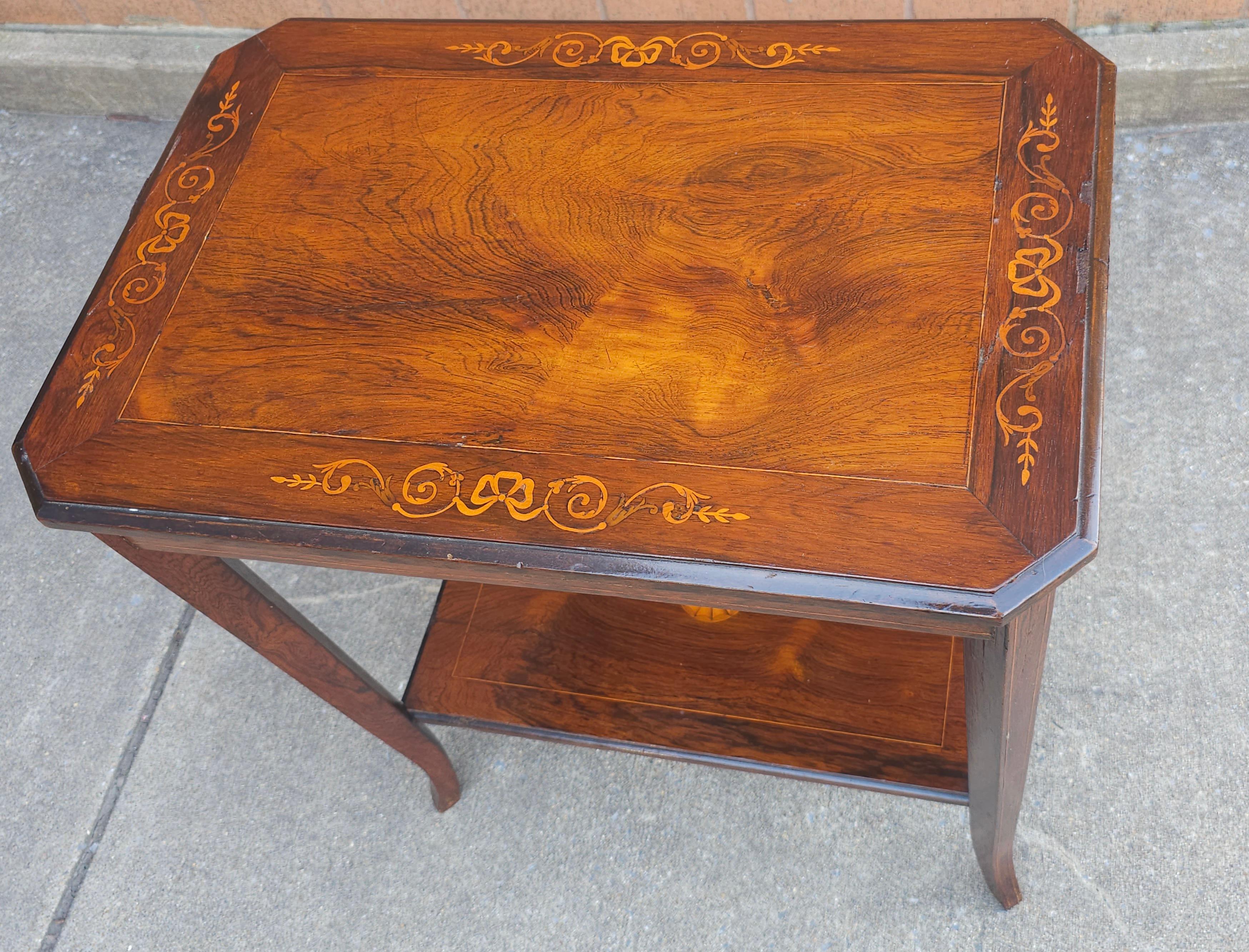 An Early 20th Century Edwardian Rosewood Marquetry Inlaid two tier Side Table. Measures 15.75