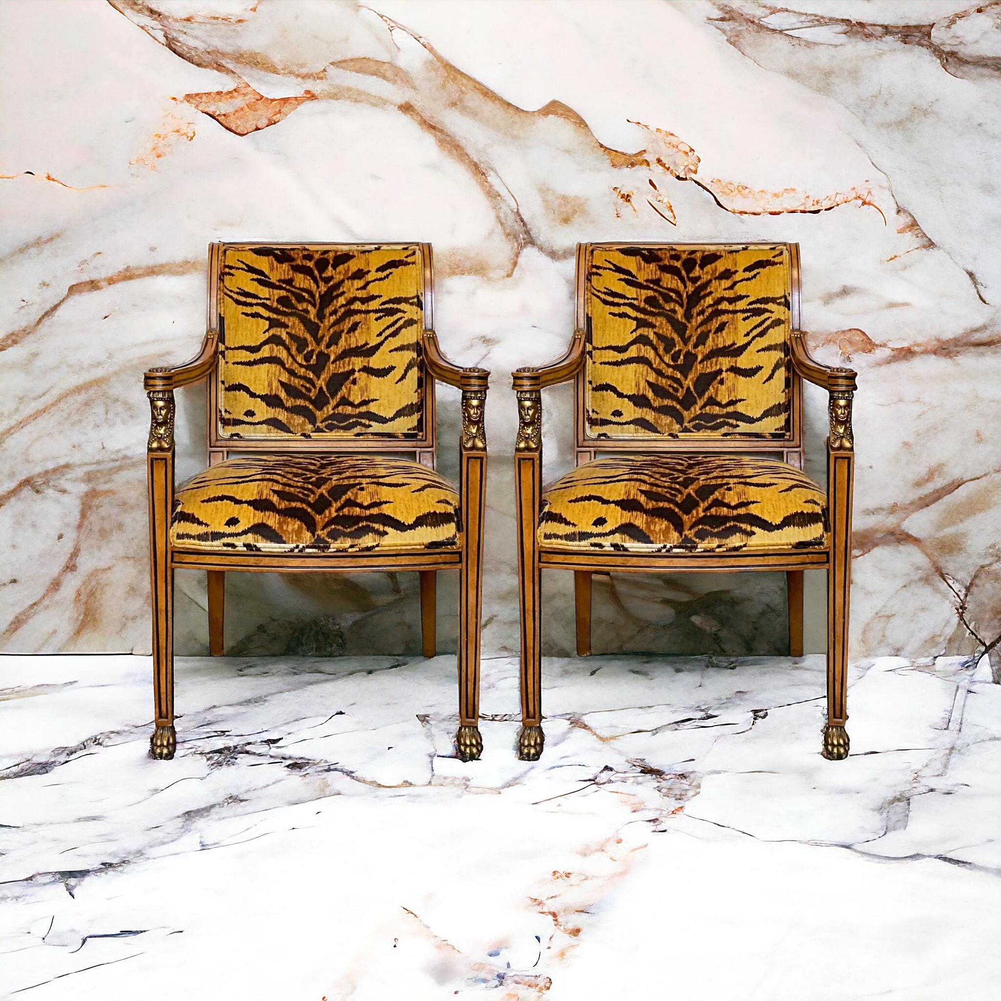 American Early 20th-C. Egyptian Revival Style Bergere Chairs In Tiger Velvet - Pair For Sale