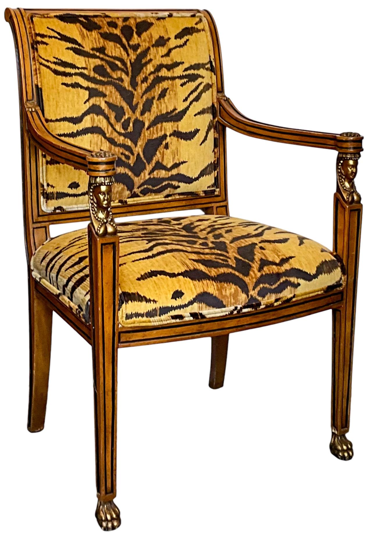 Early 20th-C. Egyptian Revival Style Bergere Chairs In Tiger Velvet - Pair In Good Condition For Sale In Kennesaw, GA