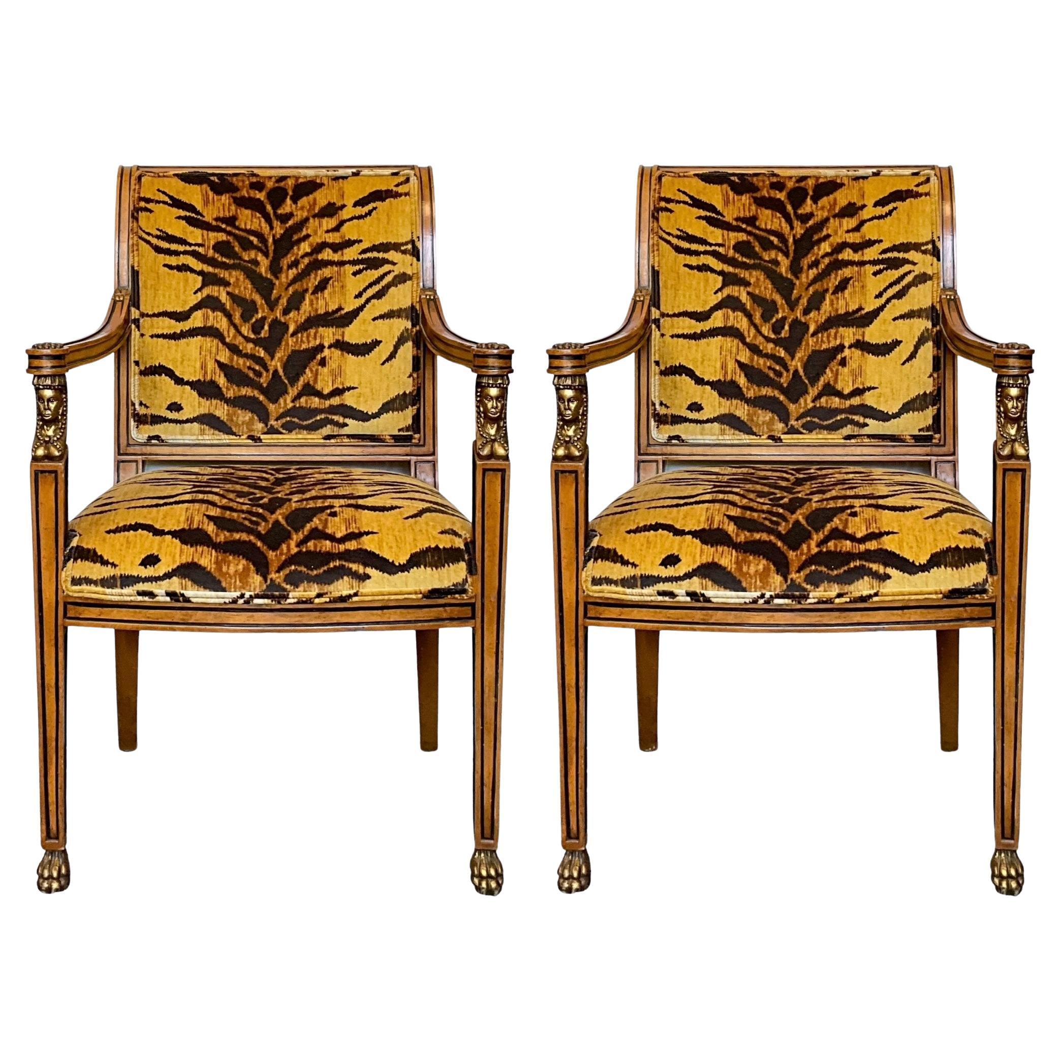 Early 20th-C. Egyptian Revival Style Bergere Chairs In Tiger Velvet - Pair