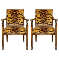 Early 20th-C. Egyptian Revival Style Bergere Chairs In Tiger Velvet - Pair