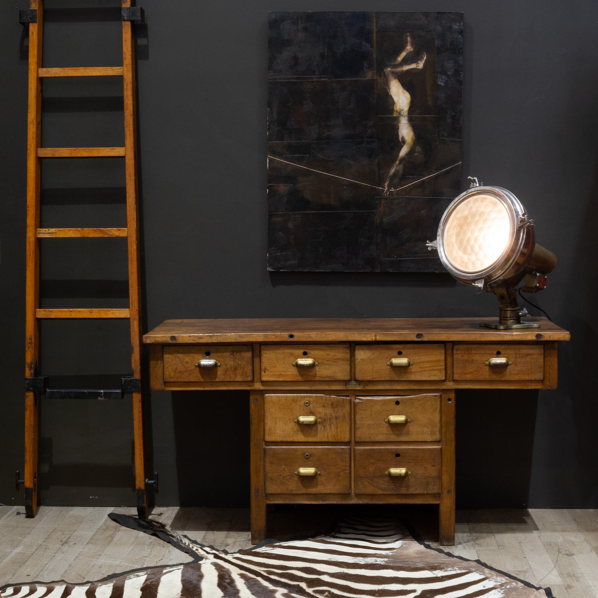 ABOUT

Original early 1920's industrial domestic science class laboratory table with student's name etched into the front drawers. Comprised of solid Birch wood. This stationary table consists of a solid Birch top with four drawers along the length.