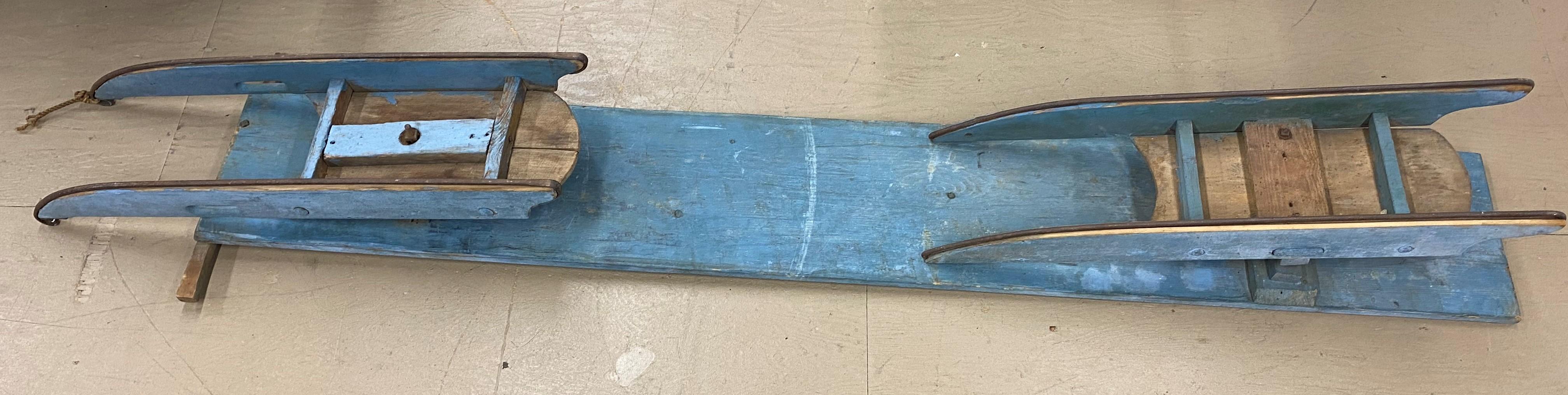 Early 20th C Eight Foot Wooden Traverse Sled in Old Blue Paint 2