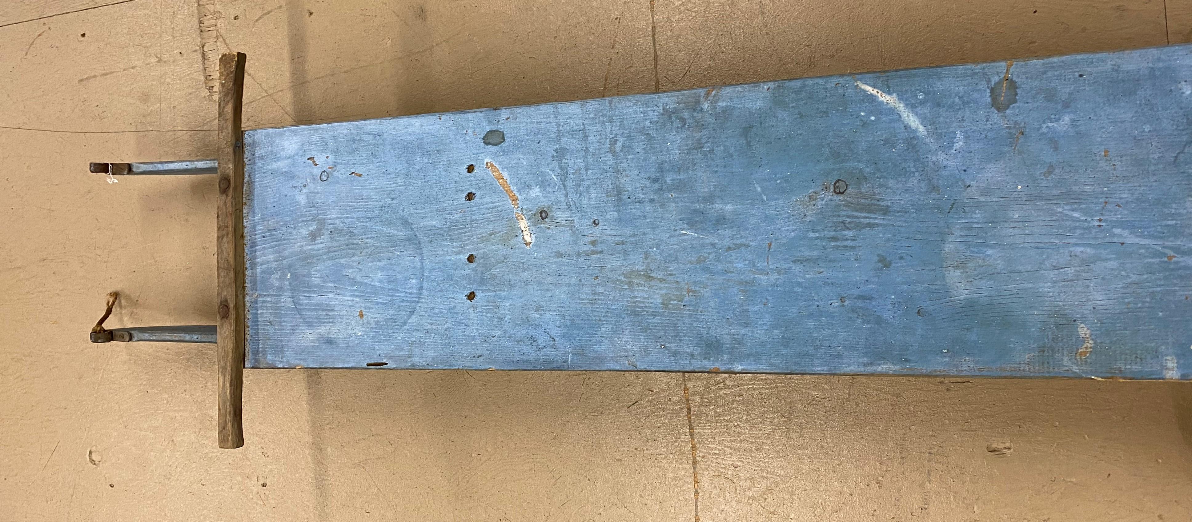 American Early 20th C Eight Foot Wooden Traverse Sled in Old Blue Paint
