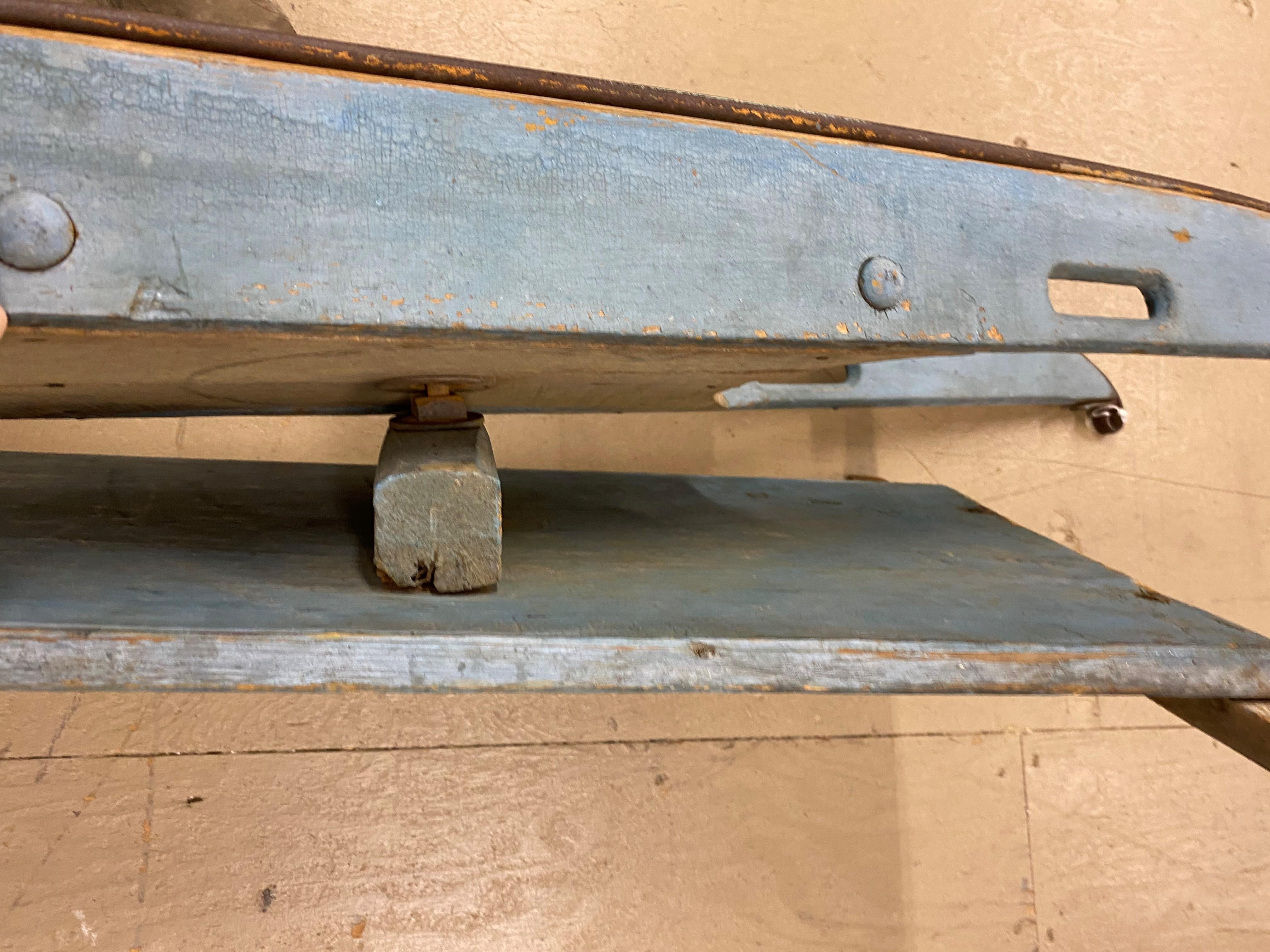 Early 20th C Eight Foot Wooden Traverse Sled in Old Blue Paint In Good Condition In Milford, NH