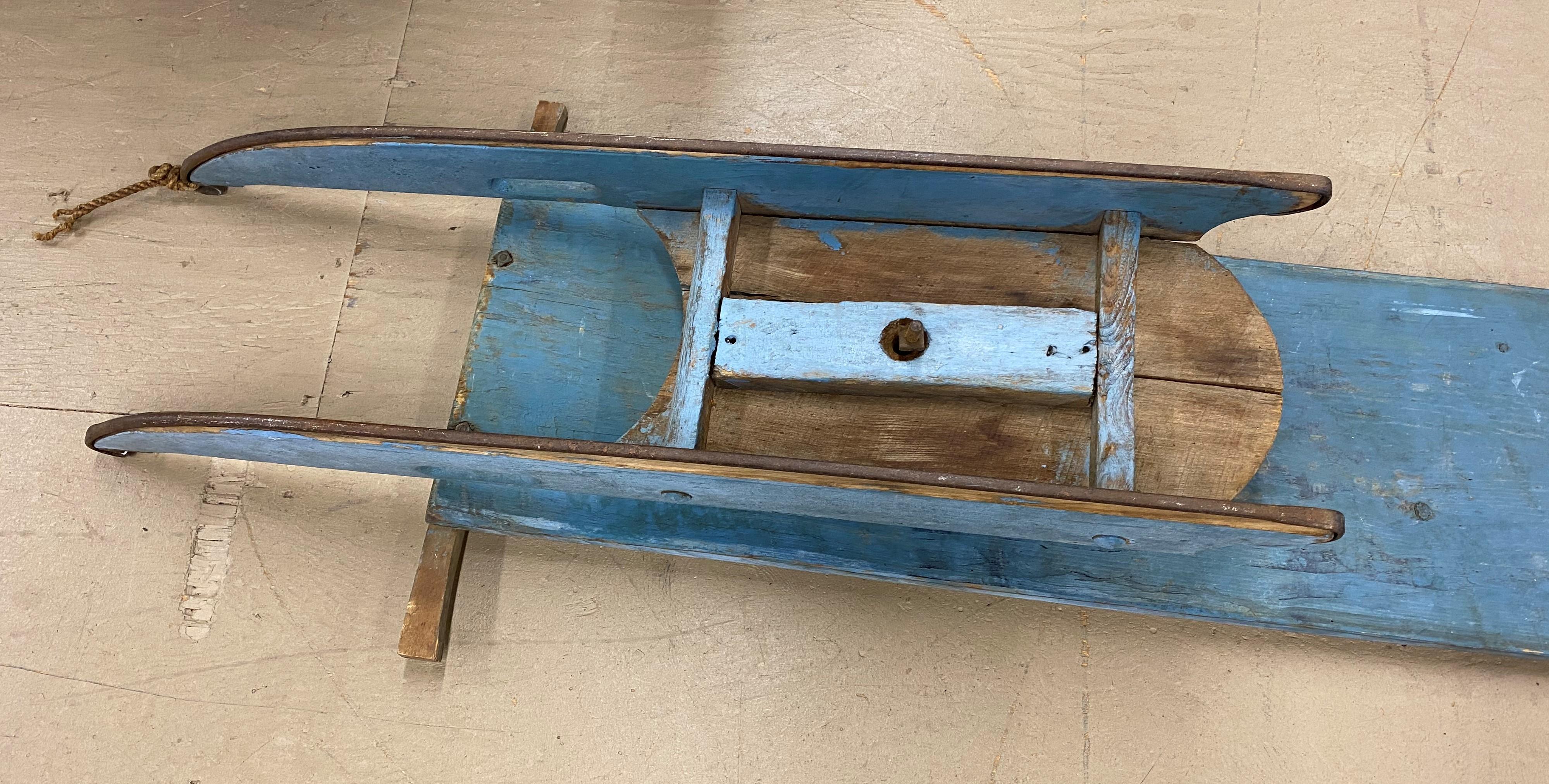 Iron Early 20th C Eight Foot Wooden Traverse Sled in Old Blue Paint