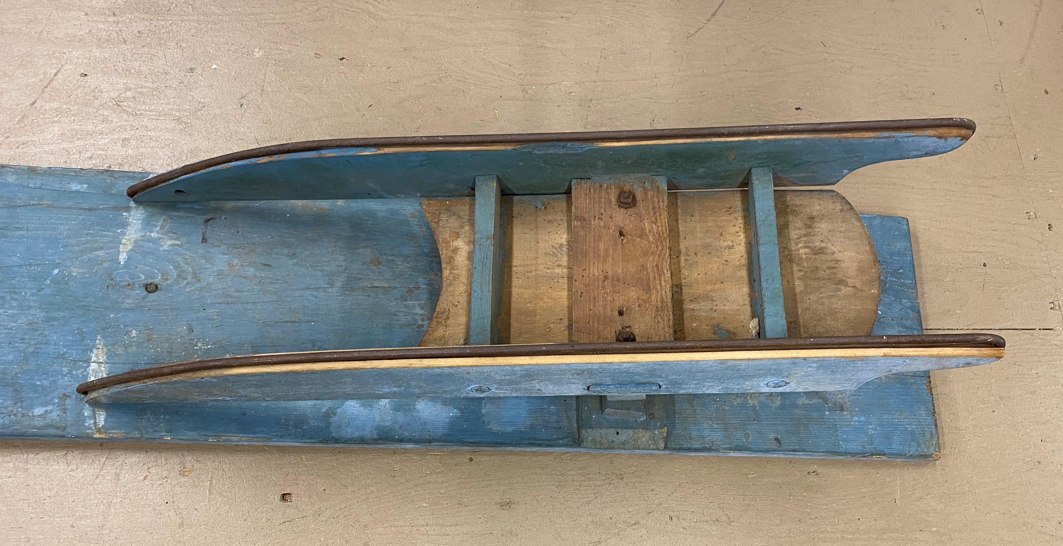 Early 20th C Eight Foot Wooden Traverse Sled in Old Blue Paint 1